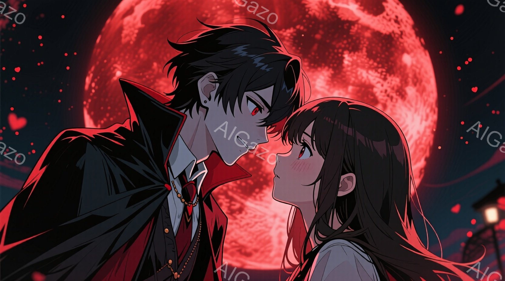 深紅の満月を背景に、黒髪で赤い瞳の男性と、茶色の長い髪の女性が互いに顔を寄せ合っています。男性は赤い襟の付いた黒い服とマントを身につけ、女性は白いドレスを着ています。遠景には建物のシルエットが見え、全 - AI生成フリー素材