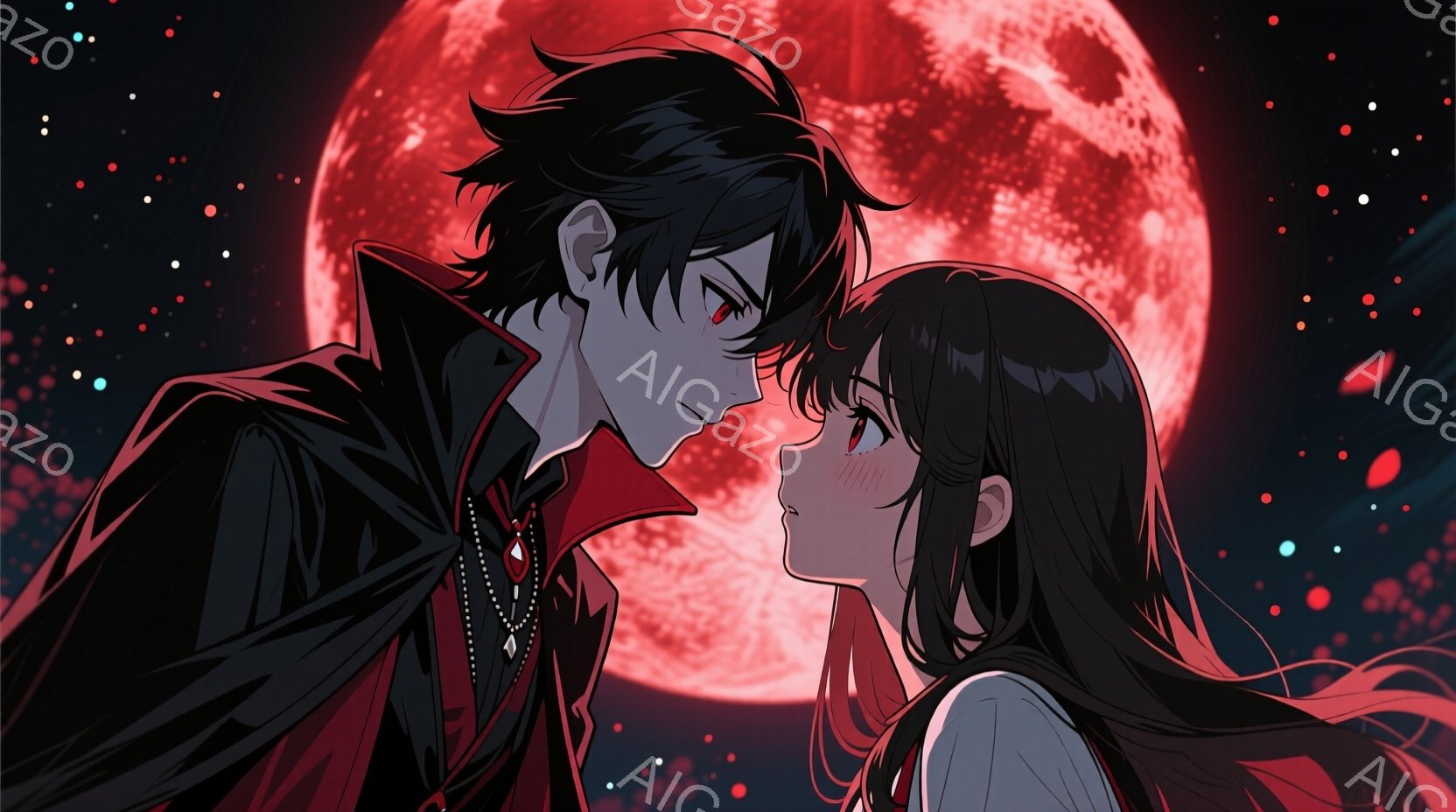 深紅の満月を背景に、黒髪の男性と女性が寄り添っている。男性は赤い襟の長いコートを着ており、片目に赤い瞳が光っている。女性は白い肩出しの服を着ており、頬を赤らめ、男性を見つめている様子から、ロマンチックで少し緊張した雰囲気が漂っている。