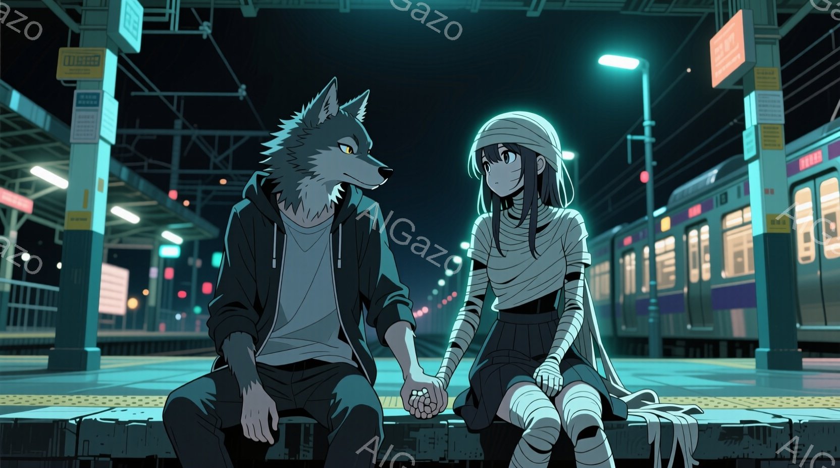 鉄道のプラットフォームに、狼の男と包帯で覆われた女性が寄り添って座っている。男性は黒いジャケットと白いTシャツを着ており、女性は黒いワンピースと膝に包帯を巻いている。背景には、夜の駅のプラットフォーム - AI生成フリー素材