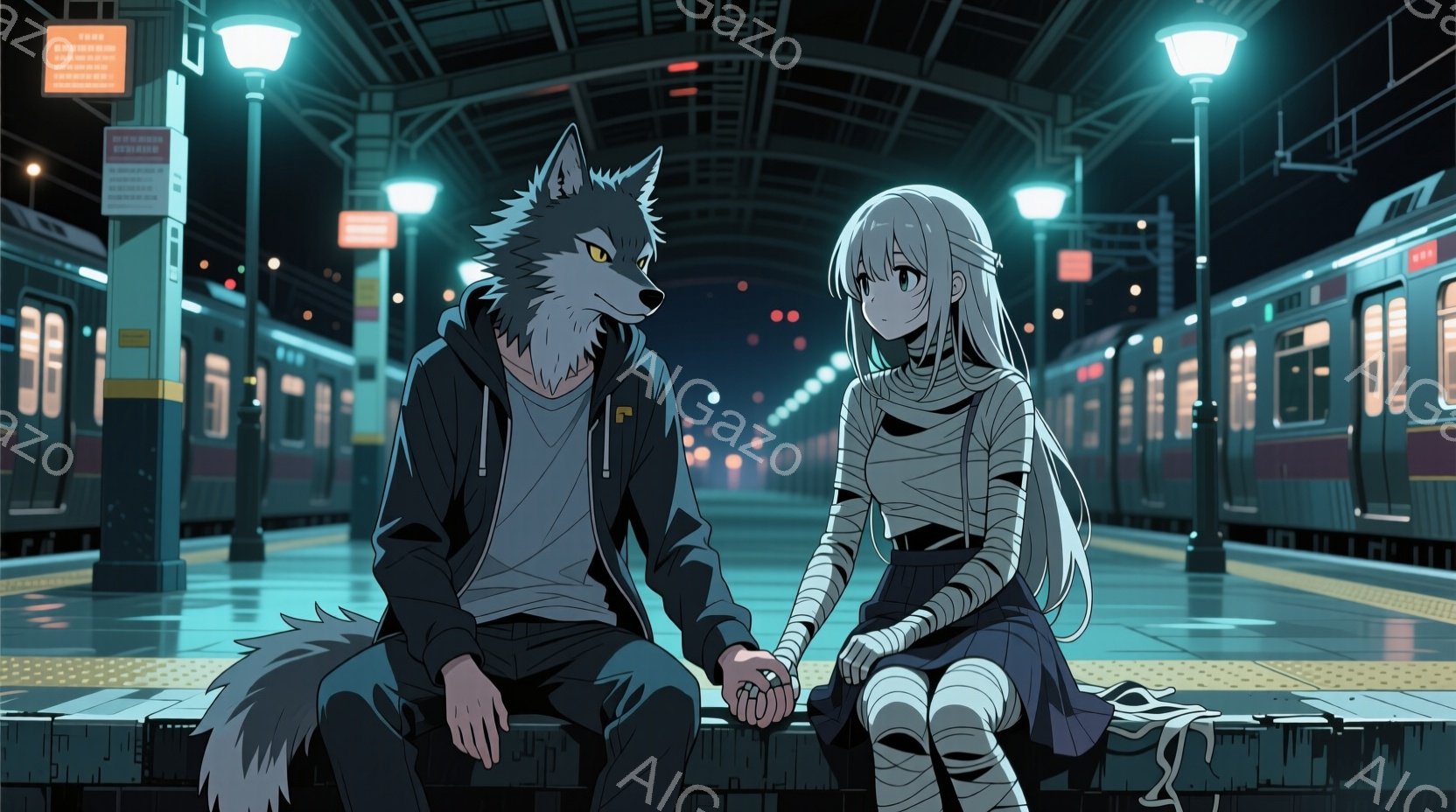 灰色がかった毛並みを持つ狼の男と、包帯で脚を覆った少女が、夜の駅のプラットフォームに寄り添って座っている。狼の男は黒いパーカーとTシャツを着ており、少女は黒いトップスに灰色のスカート、そして包帯で覆わ - AI生成フリー素材