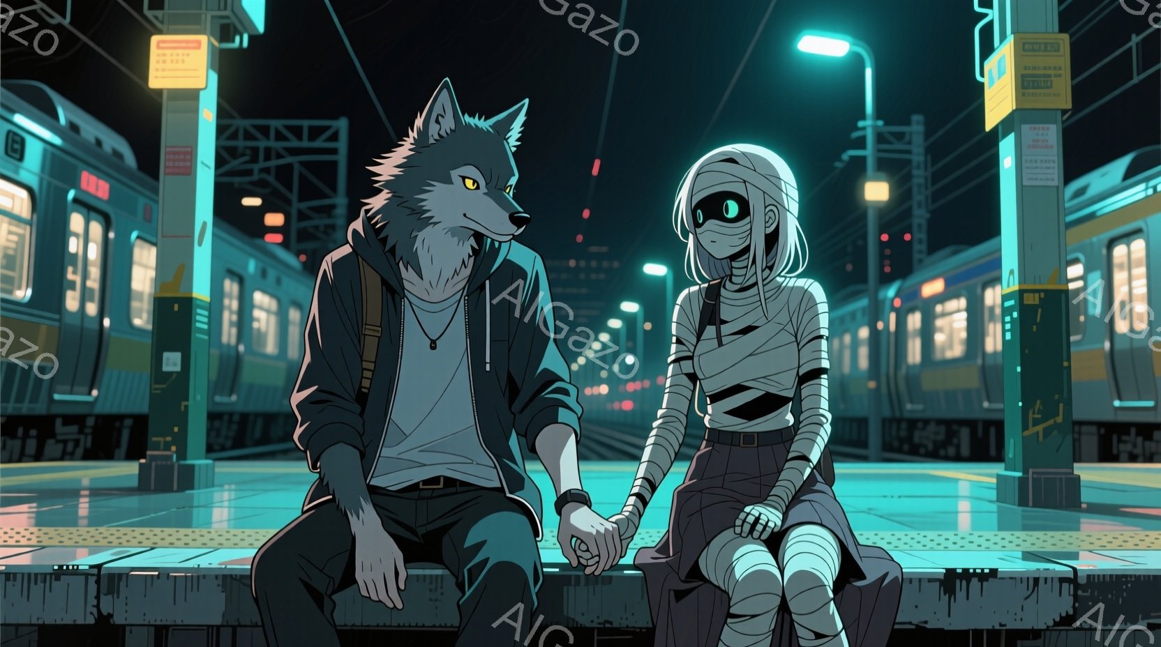 鉄道の駅のプラットフォームに、狼の獣人男性とミイラのような包帯で覆われた女性が並んで座っています。男性は黒いジャケットと白いTシャツを着ており、女性は黒いトップスとスカートに包帯が巻かれています。二人は手を繋いでおり、駅のホームには列車が停車し、夜の雰囲気の中で静かに寄り添っています。