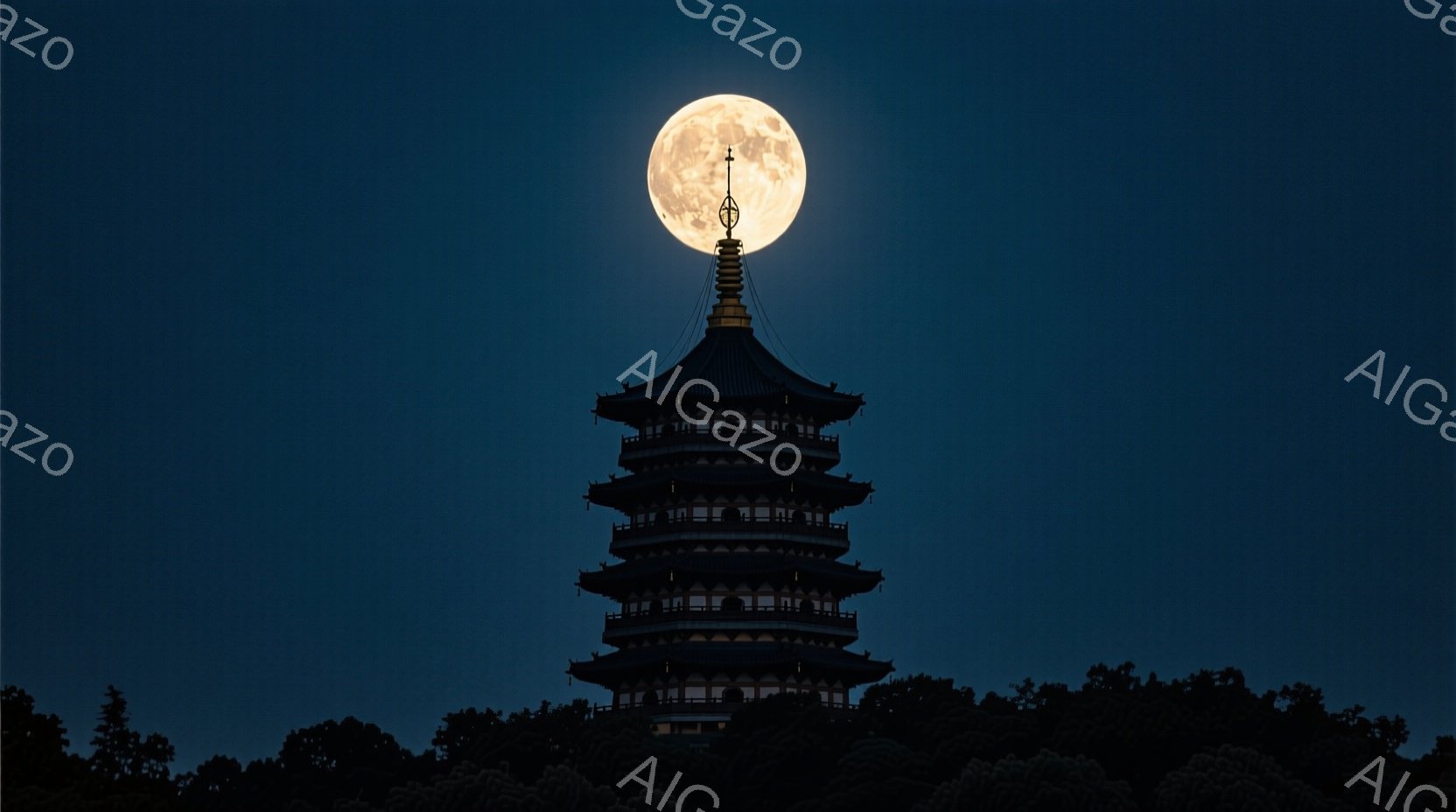 深夜の暗い空を背景に、シルエットで描かれた塔がそびえ立っています。満月が塔の背後に輝き、神秘的な雰囲気を醸し出しています。塔の周りには暗い緑の木々が広がっており、静寂な夜の風景を描写しています。