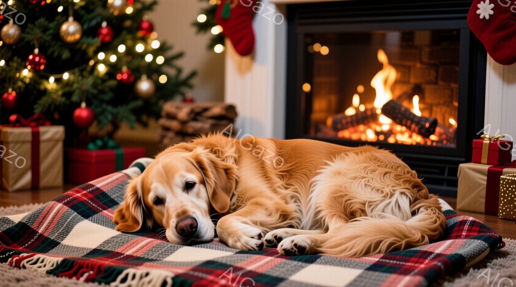 ゴールデンレトリバーが赤いチェック柄の毛布の上で横たわっており、穏やかな表情で目を閉じてリラックスしている。背景にはクリスマスツリーやプレゼント、暖炉の炎が見え、温かく居心地の良いクリスマスの雰囲気が - AI生成フリー素材