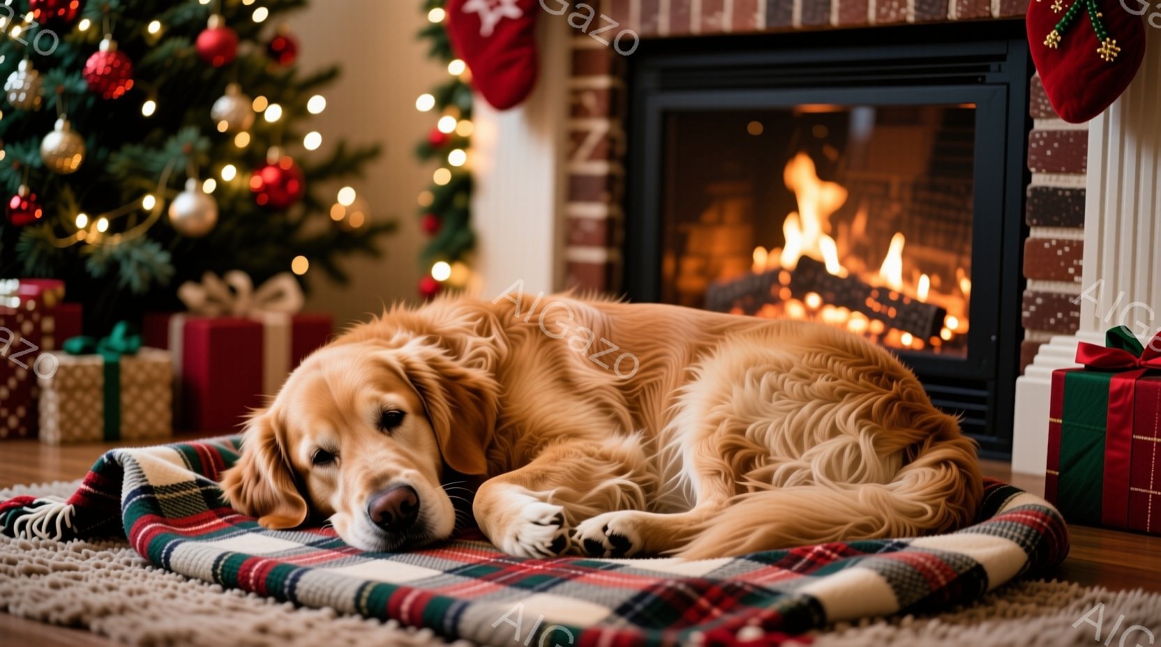 ゴールデンレトリバーが、クリスマスツリーのそばの床に敷かれたチェック柄の毛布の上で横たわっています。暖炉の火が温かく、部屋全体を照らしており、プレゼントがいくつか積み重ねられています。全体的に、温かく - AI生成フリー素材