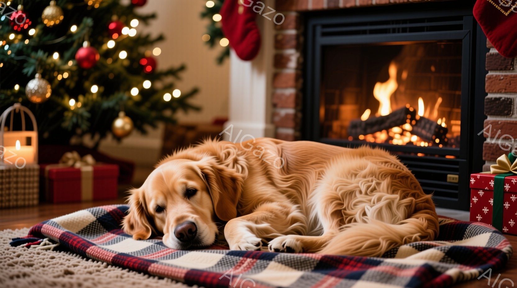 暖炉のそばに敷かれたチェックのブランケットの上で、ゴールデンレトリバーが横たわっています。犬はリラックスした様子で、穏やかな表情を浮かべています。背景には、クリスマスツリーとプレゼントが置かれ、温かく - AI生成フリー素材