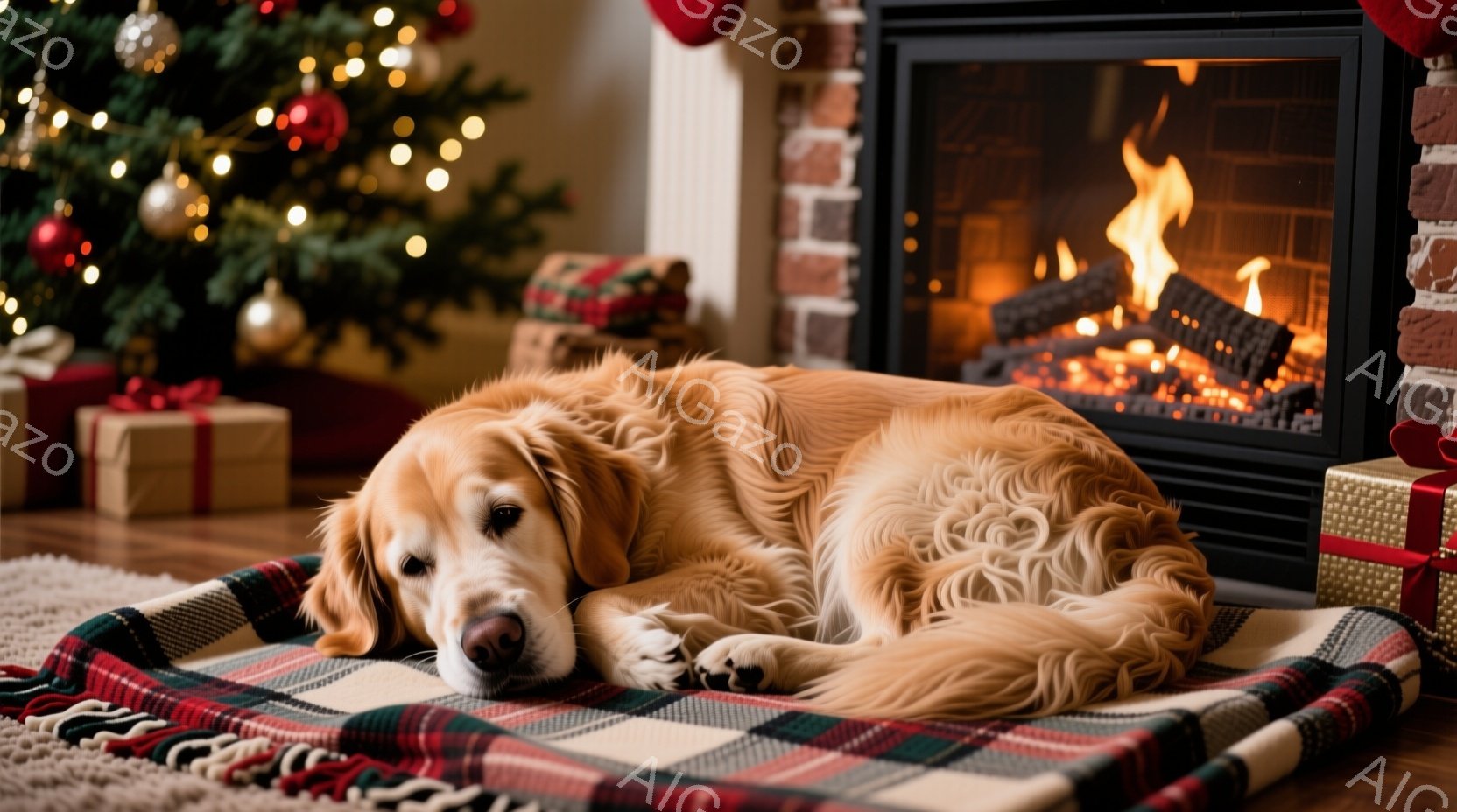 金色のレトリバーが、赤い格子模様のベッドの上で横たわっています。背景には、クリスマスツリーと暖炉があり、暖かく心地よい雰囲気が漂っています。犬はリラックスした表情で、穏やかな冬の午後を象徴するような光 - AI生成フリー素材