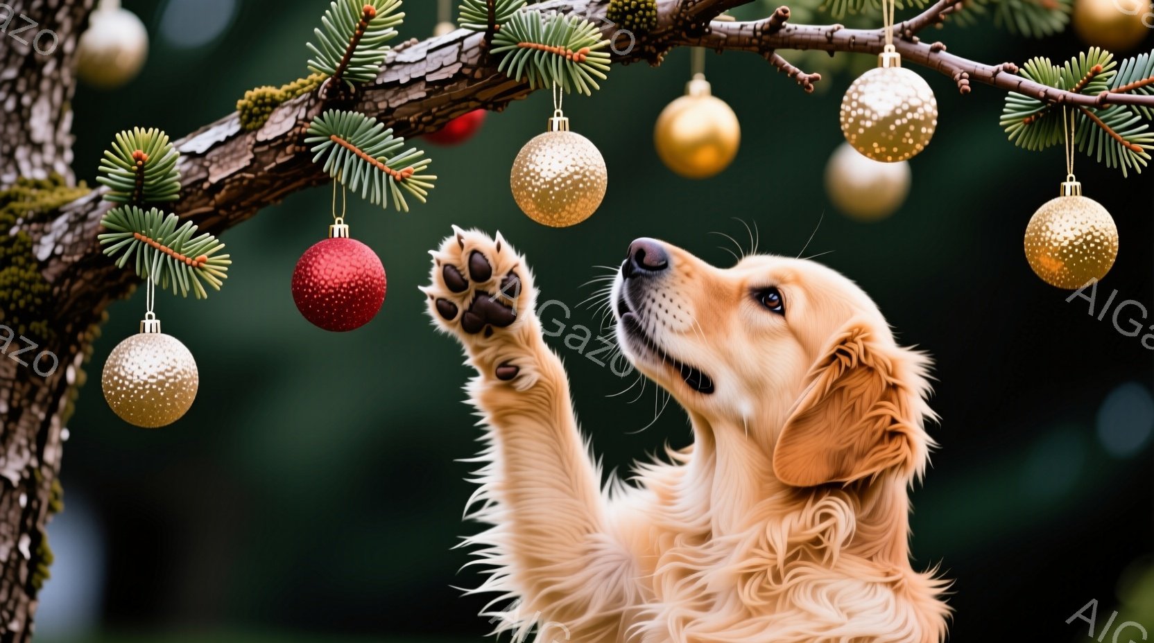 金色のレトリバーがクリスマスツリーの飾りを前足で触ろうとしている様子が写っています。犬は上を見上げ、口を開けて楽しそうな表情を浮かべています。背景は緑色のぼやけたクリスマスツリーで、暖かく、お祝いの雰 - AI生成フリー素材