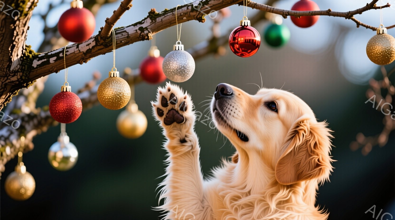 ゴールデンレトリバーの子犬がクリスマスのオーナメントが飾られた木の枝に手を伸ばしています。子犬は上を見上げ、好奇心と遊び心に満ちた表情をしています。背景はぼやけていますが、緑豊かな自然とクリスマスの装 - AI生成フリー素材