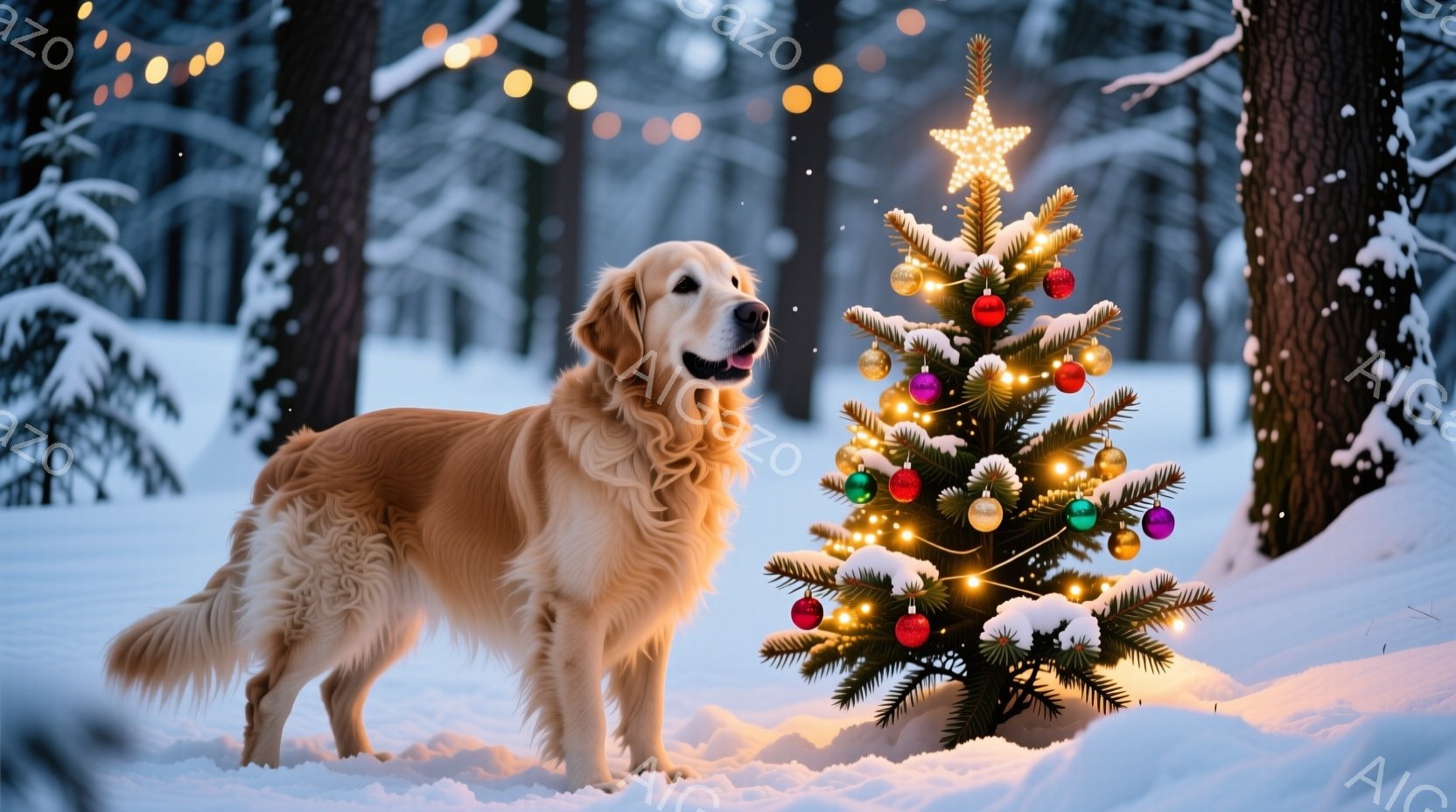 雪景色の中に、飾り付けられたクリスマスツリーとゴールデンレトリバーが立っている。犬は正面を見て少し口を開け、嬉しそうな表情をしている。背景には雪に覆われた木々が広がり、暖かく幻想的な冬の雰囲気を醸し出 - AI生成フリー素材