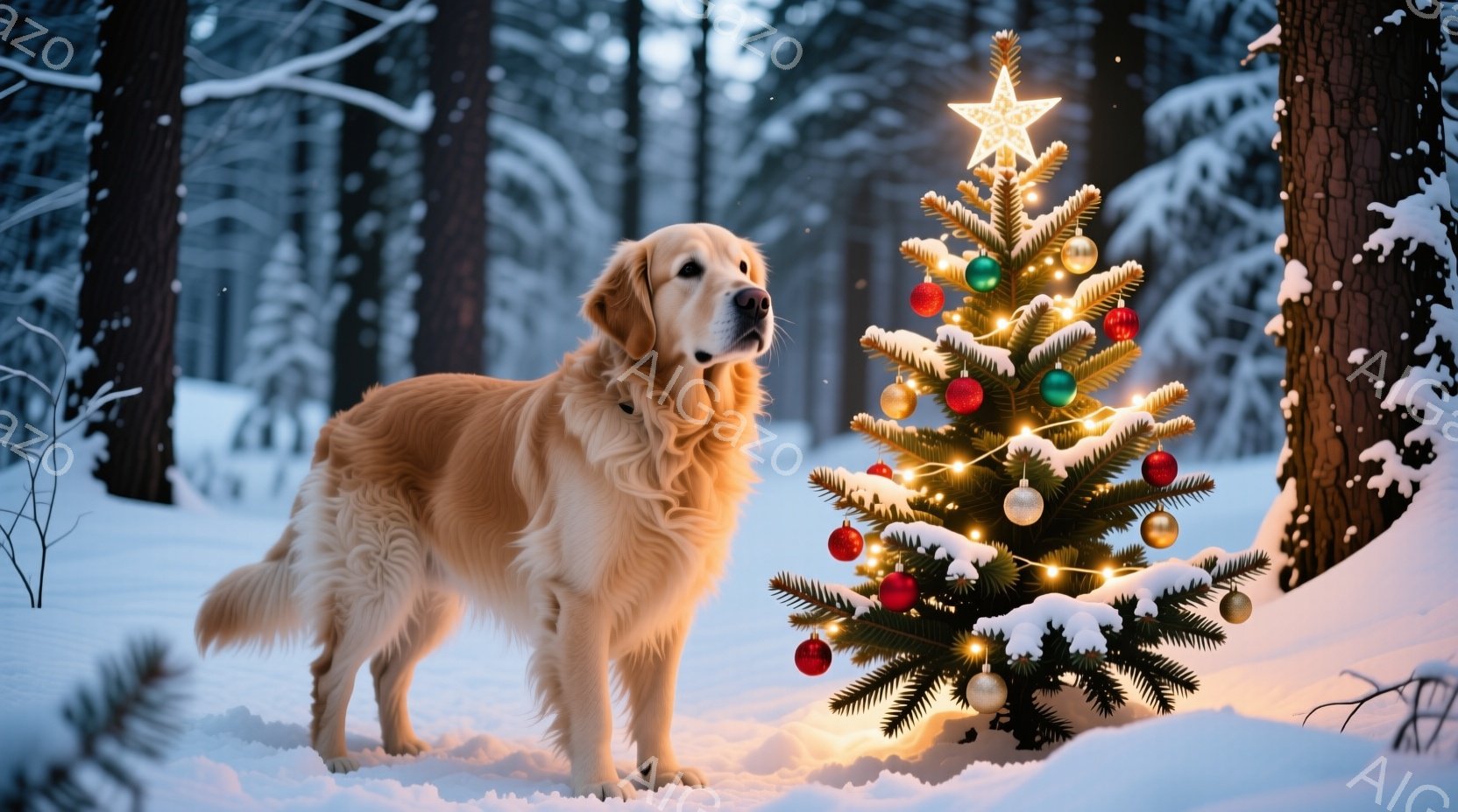 美しいゴールデンレトリバーが雪景色の中でクリスマスツリーを見つめている。ツリーはオーナメントと光で飾られ、雪が積もった森の中に暖かく輝いている。全体的に穏やかで温かいクリスマスの雰囲気が漂う、心安らぐ - AI生成フリー素材