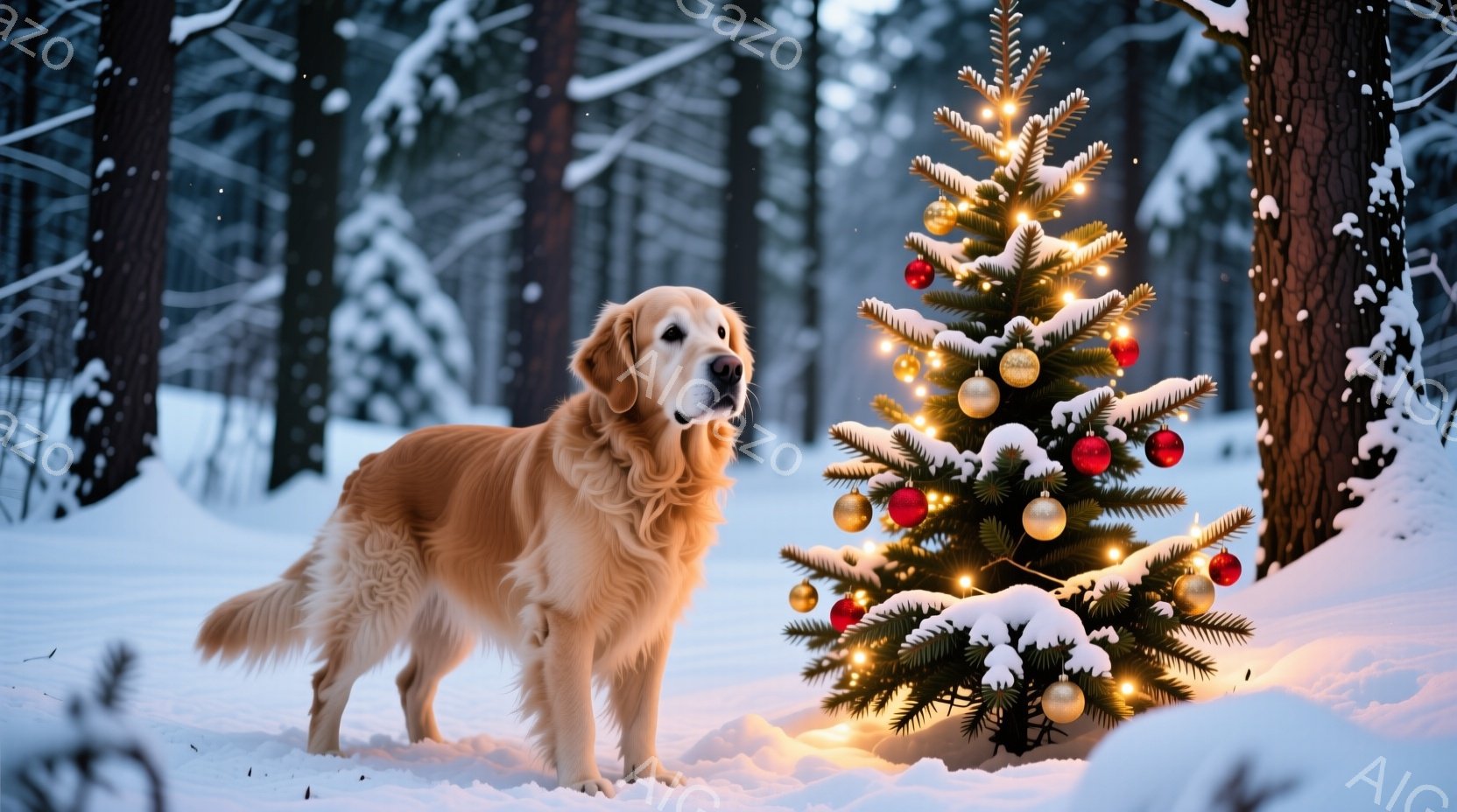 雪景色の中に、飾り付けられたクリスマスツリーとゴールデンレトリバーが描かれています。犬は雪原に立ち、ツリーの方をじっと見つめており、その表情は穏やかで優しげです。背景には木々が立ち並び、雪が降り積もっ - AI生成フリー素材