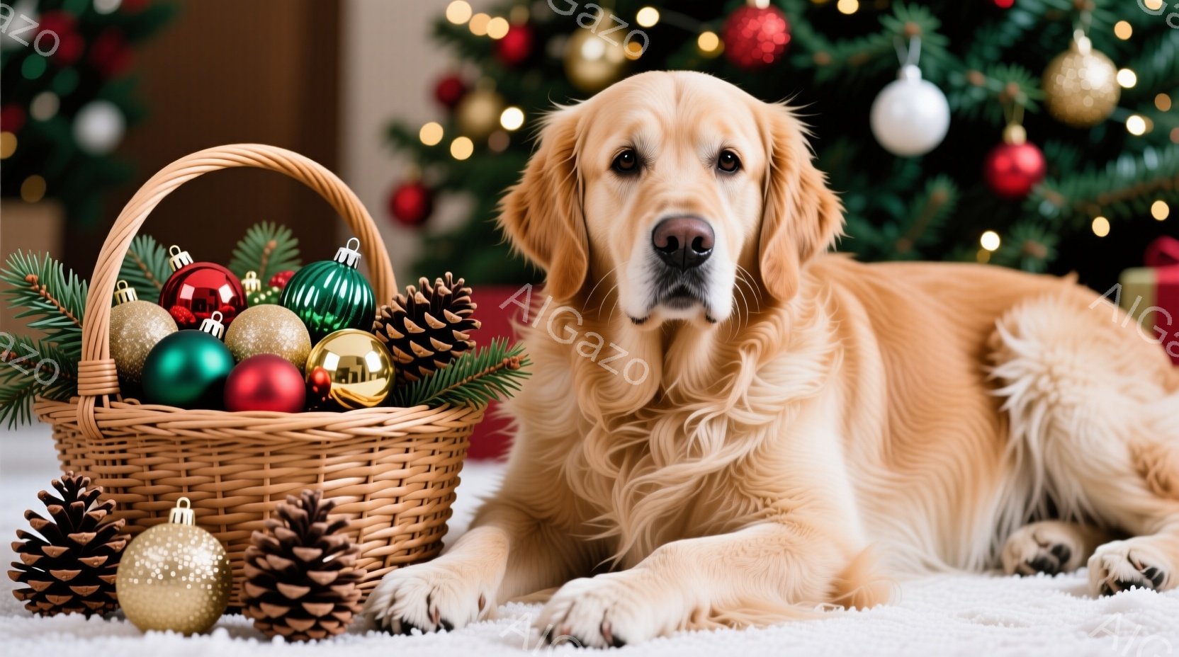 ゴールデンレトリバーが白い敷物の上に横たわり、近くには松ぼっくりやクリスマスオーナメントが詰まったバスケットが置かれています。犬は穏やかな表情でカメラを見つめ、背景にはクリスマスツリーがぼんやりと見え - AI生成フリー素材