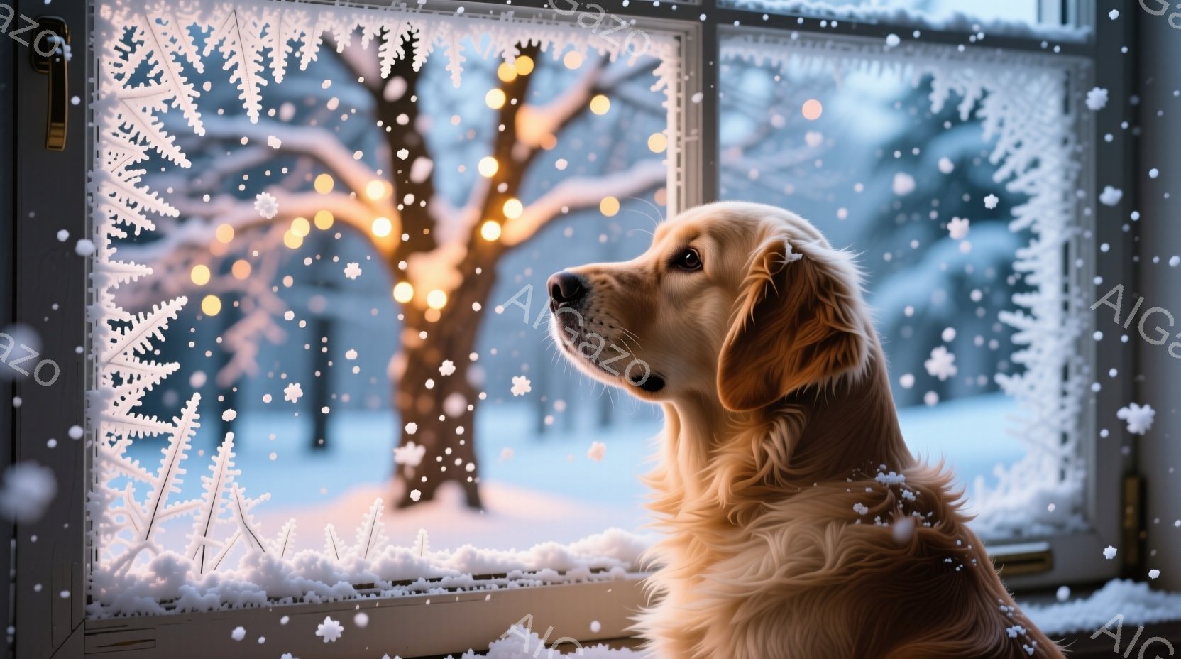 窓辺に座る金色のレトリバーが、雪景色を物憂げに見つめている。背景には雪に覆われた木々と、ぼんやりとした光が灯る家が見え、冬の静寂と暖かさが感じられる。雪の結晶のような装飾が窓枠に施され、幻想的な雰囲気を醸し出している。