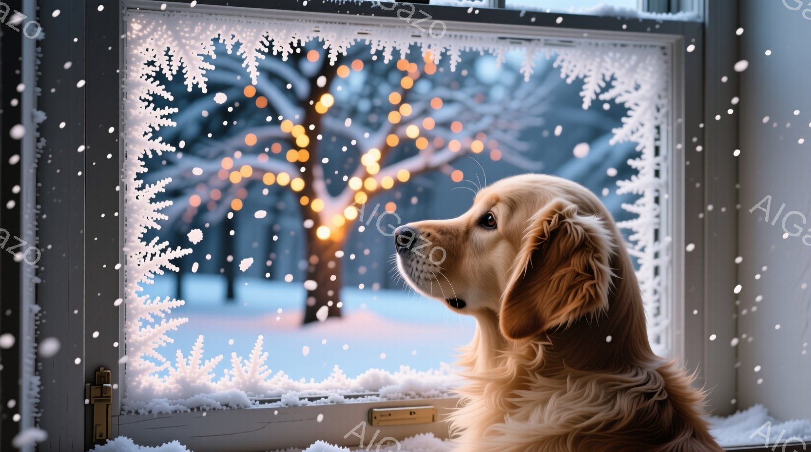 窓辺に座るゴールデンレトリバーが、雪景色を優しい眼差しで見つめている。窓枠には雪の結晶模様が描かれ、背景にはぼんやりと輝く光の点々が広がる冬の風景が広がっている。暖かく穏やかな雰囲気で、犬の柔らかな毛 - AI生成フリー素材