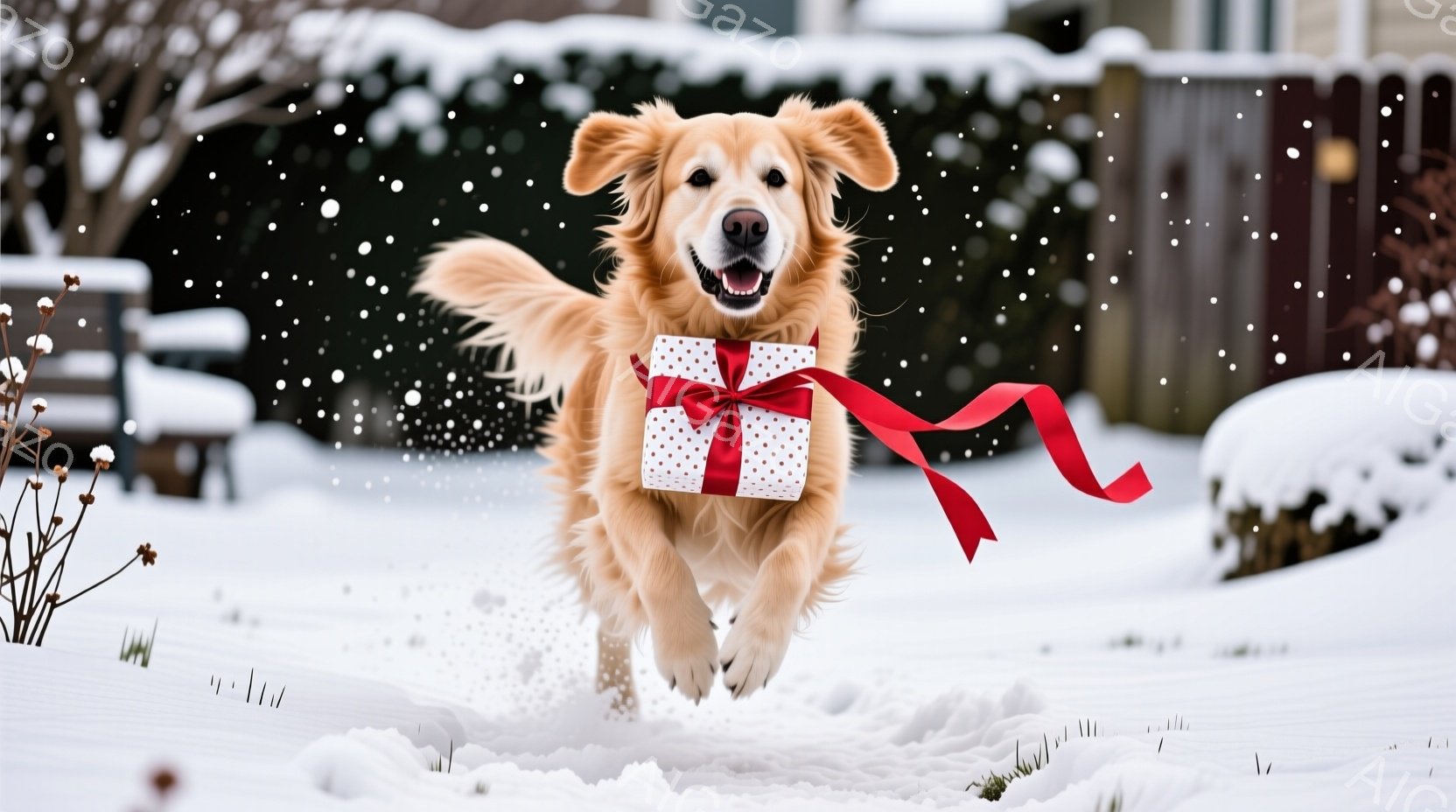 雪景色の中で、プレゼントをくわえたゴールデンレトリバーが勢いよく走っている。犬は喜びにあふれた表情で、赤いリボンが風になびき、背景には雪に覆われた庭とフェンス、そしてぼんやりとした建物が見える。全体的 - AI生成フリー素材