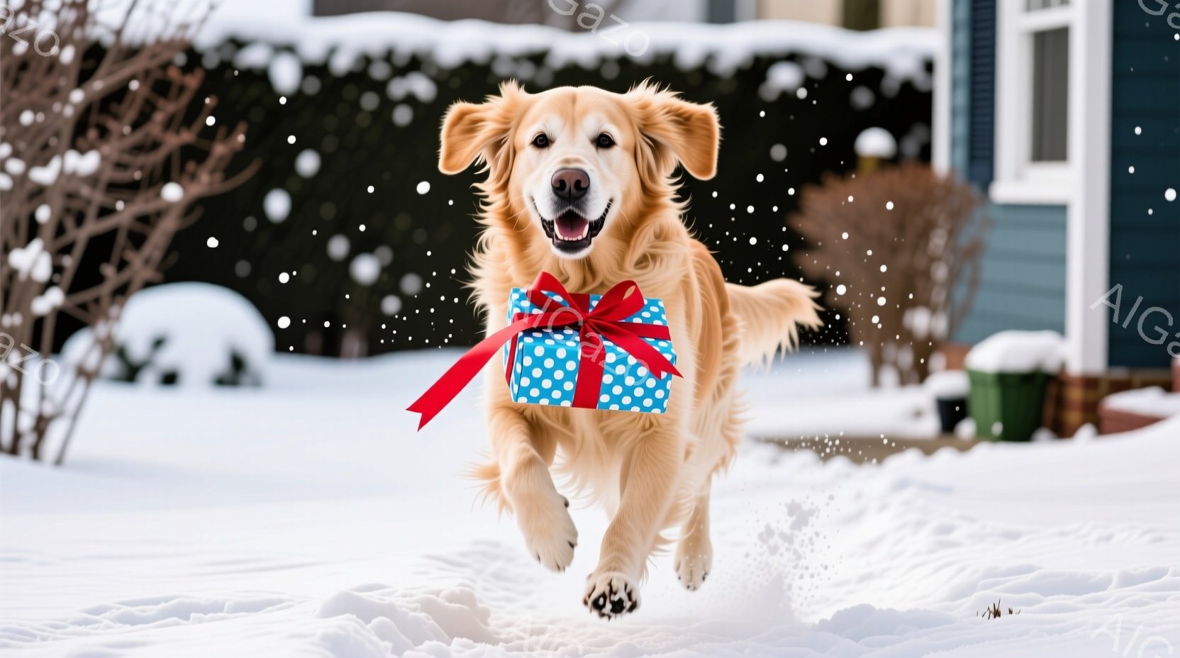 クリーム色の毛並みのゴールデンレトリバーが、青い包装紙に赤いリボンが付いたプレゼントをくわえて雪の中を走り去っている。犬は口を開けて嬉しそうに微笑み、躍動感に満ちた姿は、冬の雪景色の中で一層際立ってい - AI生成フリー素材