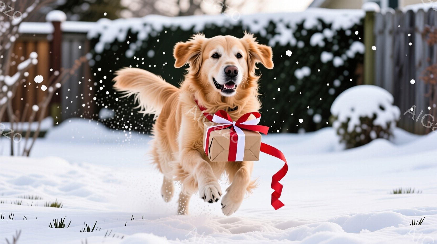 金色のレトリバーが雪の中を走っており、口にくすんだ赤いリボンで結ばれたプレゼントの箱を咥えています。背景には緑色の芝生と雪で覆われた木々のフェンスが見え、冬の穏やかな雰囲気を醸し出しています。犬は嬉し - AI生成フリー素材