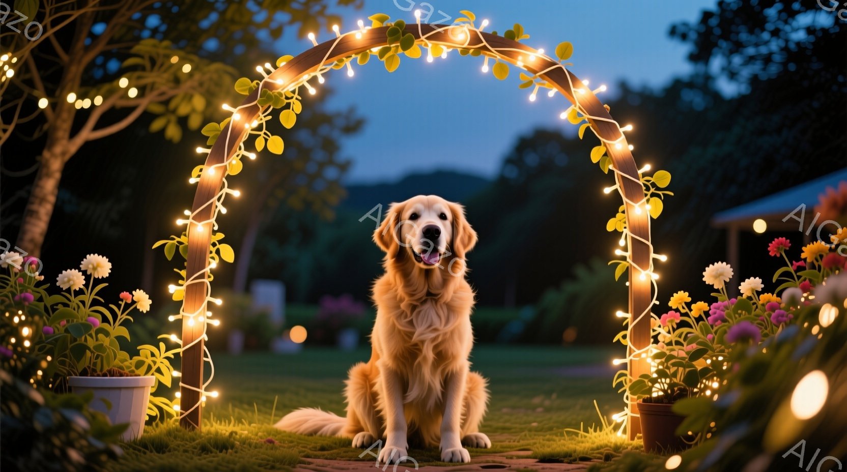 明るい金色のレトリバーが、花と電飾で飾られたアーチの下に座っている。犬は口を開けて笑顔を見せ、リラックスした様子で前を見ている。背景には緑の芝生、花壇、そして夕暮れ時の穏やかな空が広がり、温かく優しい - AI生成フリー素材