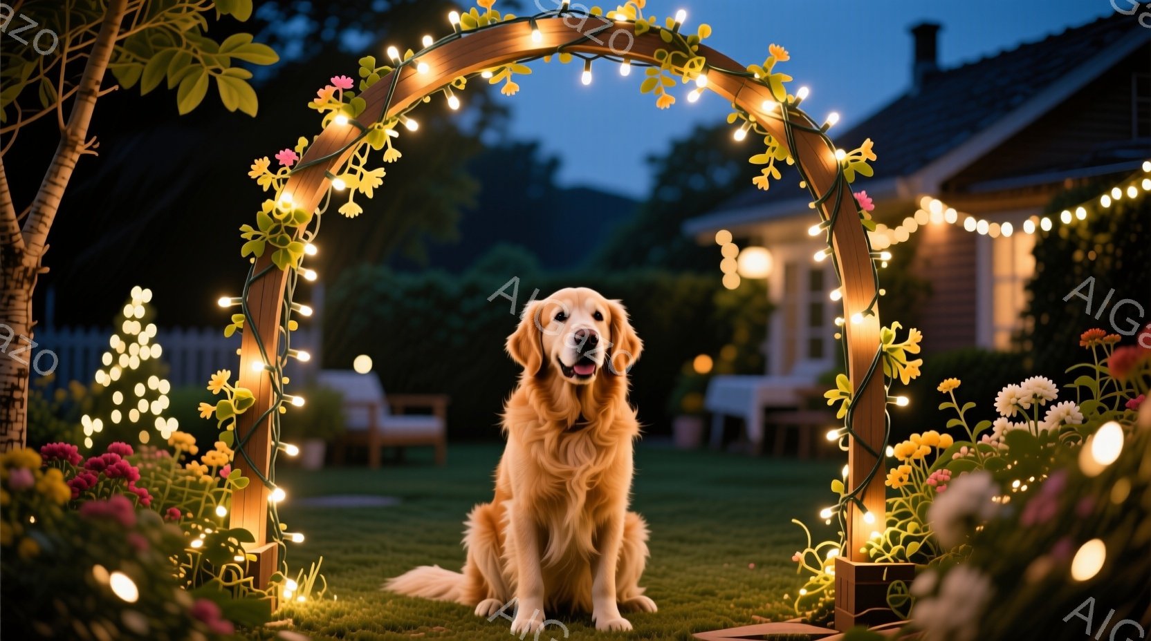 美しいゴールデンレトリバーが、花と電飾で飾られたアーチの前に座っています。犬は穏やかな表情で、カメラに向かってまっすぐ見つめており、背景には緑豊かな芝生と薄暗い光の中で見える家があります。全体的に、暖 - AI生成フリー素材
