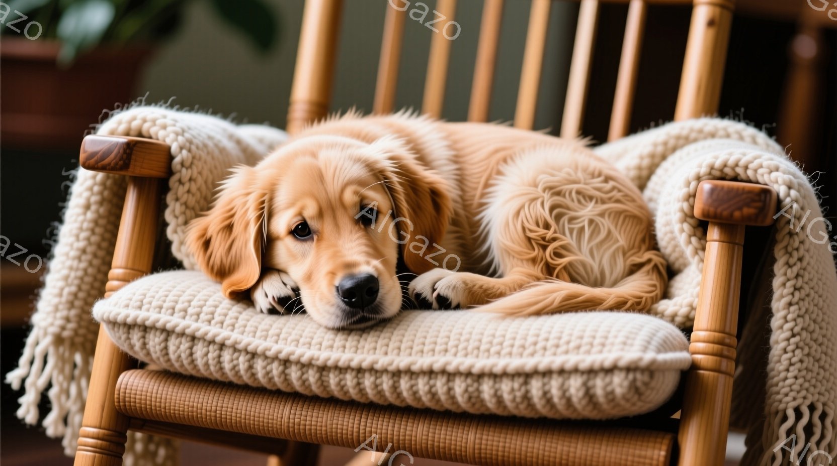 柔らかいクリーム色のニットブランケットが敷かれた揺り椅子に、ゴールデンレトリバーの子犬がゆったりと横たわっています。子犬は穏やかな表情で、リラックスした様子が伝わってきます。背景には植物が見え、暖かく穏やかな家庭的な雰囲気が漂っています。