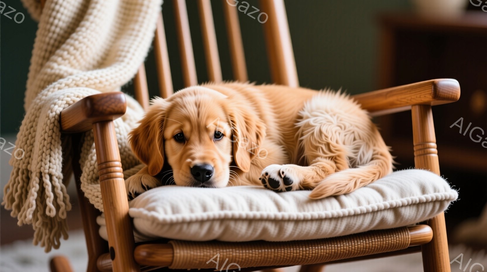 明るい茶色のゴールデンレトリバーの子犬が、クリーム色のクッションが敷かれたロッキングチェアに横たわっています。子犬はリラックスした表情で、前足を前に伸ばしてくつろいでおり、背景にはぼやけたベージュ色の - AI生成フリー素材