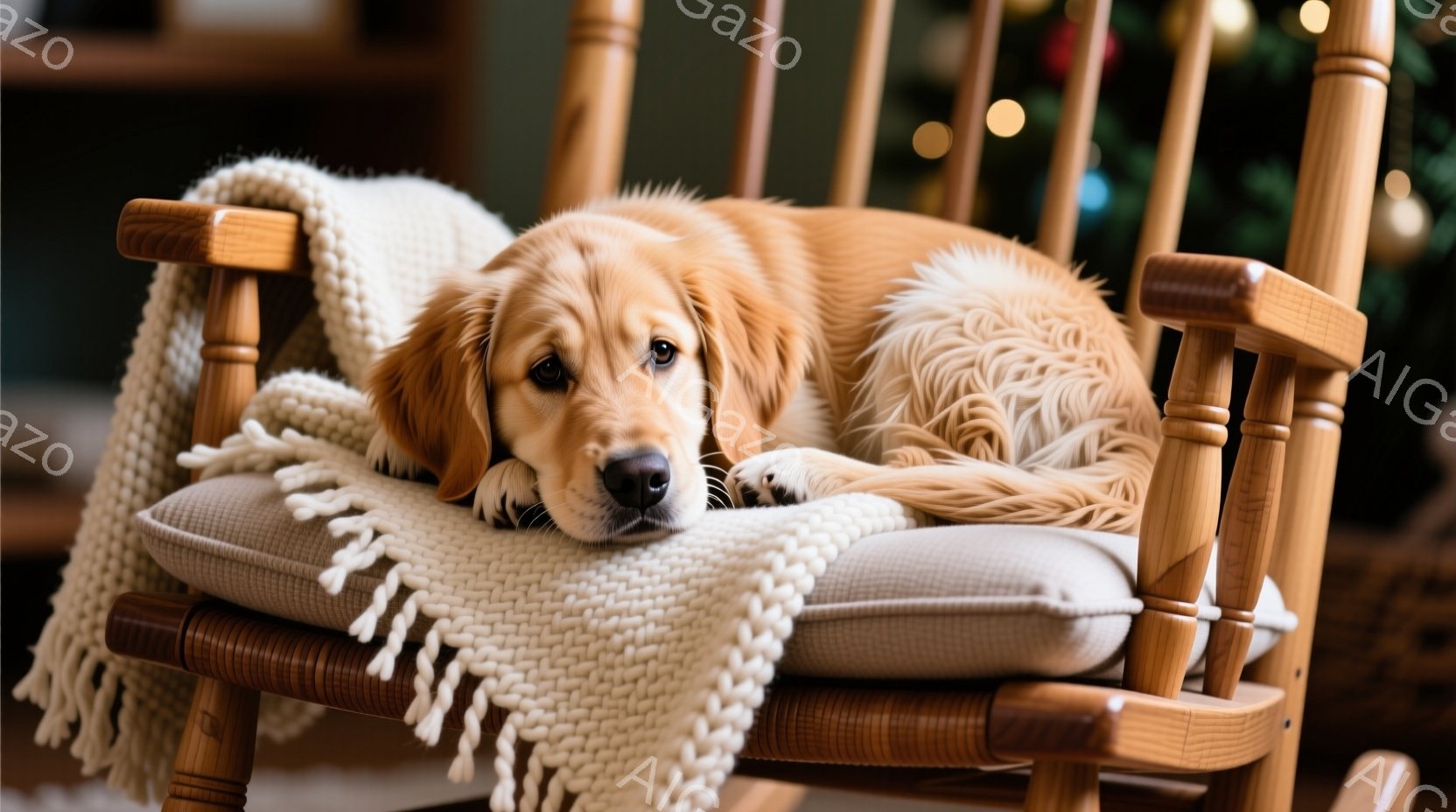 柔らかいクリーム色のニットブランケットが掛けられたロッキングチェアに、ゴールデンレトリバーが横たわっています。犬はリラックスした表情で目を閉じ、穏やかな雰囲気を醸し出しています。背景にはぼんやりとクリ - AI生成フリー素材