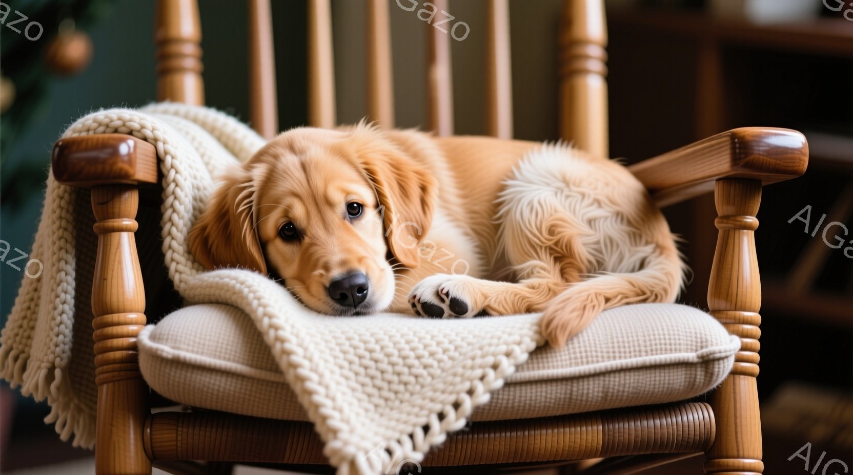 暖炉のロッキングチェアに、金色の毛並みのゴールデンレトリバーの子犬が横たわっています。子犬はリラックスした表情で、片方の前足をロッキングチェアの肘掛けに乗せています。背景にはぼんやりとクリスマスツリー - AI生成フリー素材