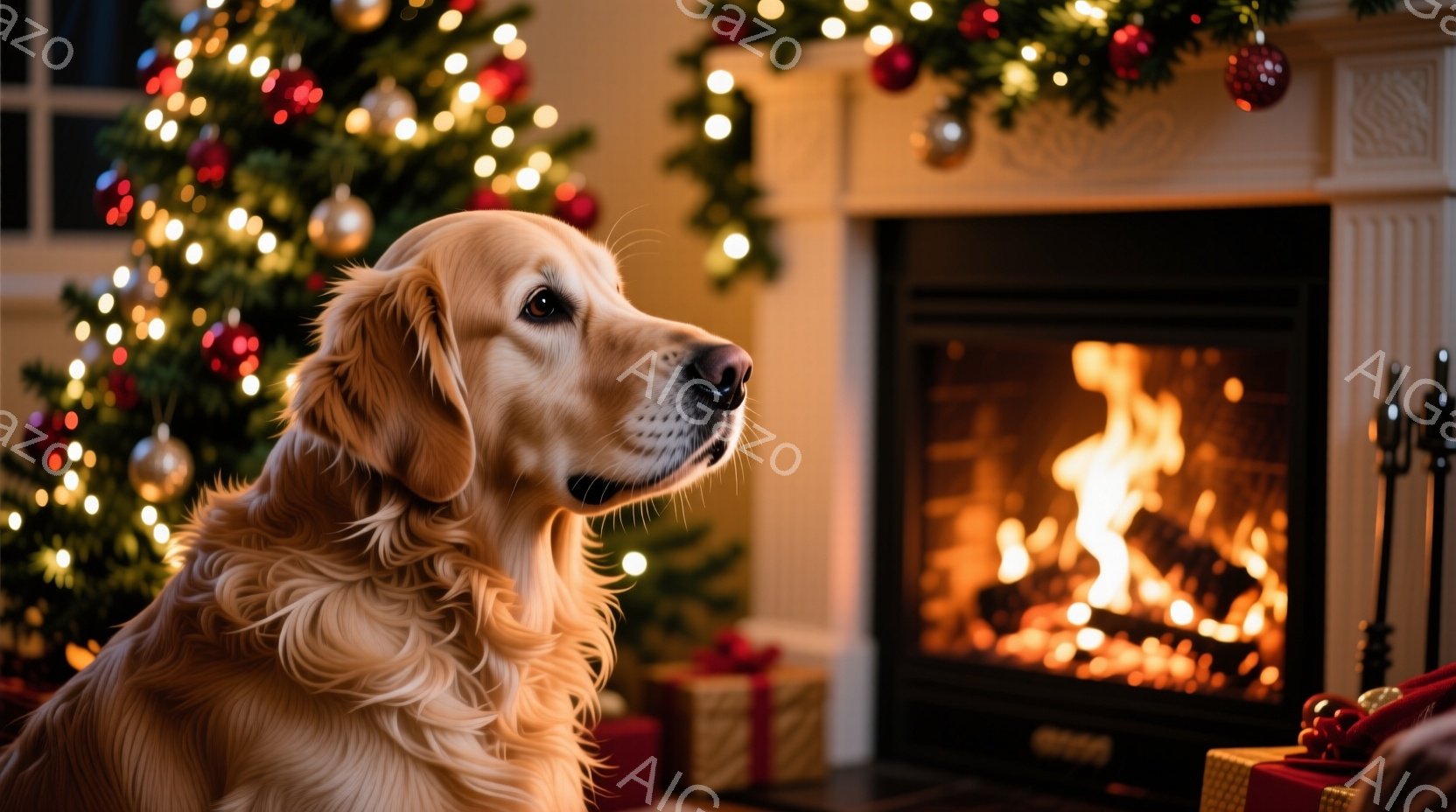 ゴールデンレトリバーが暖炉の前でリラックスした様子が写っています。クリスマスツリーが飾られ、プレゼントボックスが置かれ、室内は温かく、お祝いの雰囲気に包まれています。犬は少し横を向き、穏やかな表情で、 - AI生成フリー素材