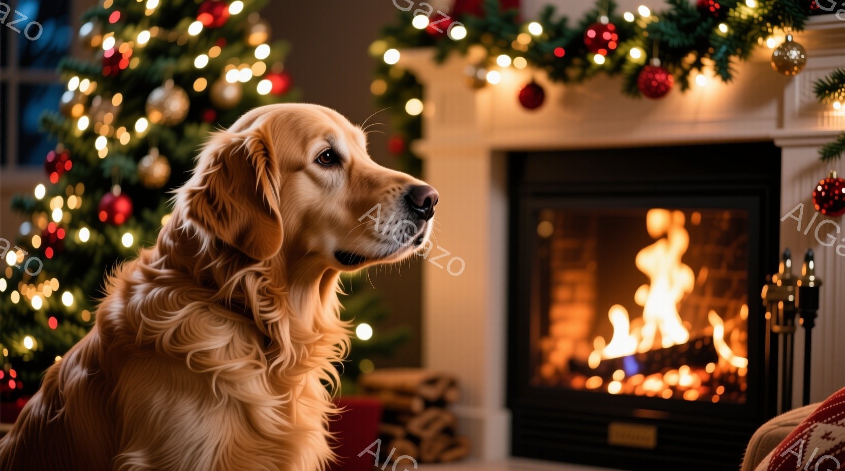 明るい茶色の毛並みのゴールデンレトリバーが、暖炉のそばで静かに座っています。背景には、クリスマスツリーが飾られ、暖炉の炎が暖かく光っています。全体的に、温かく、落ち着いた、クリスマスの雰囲気が漂ってい - AI生成フリー素材