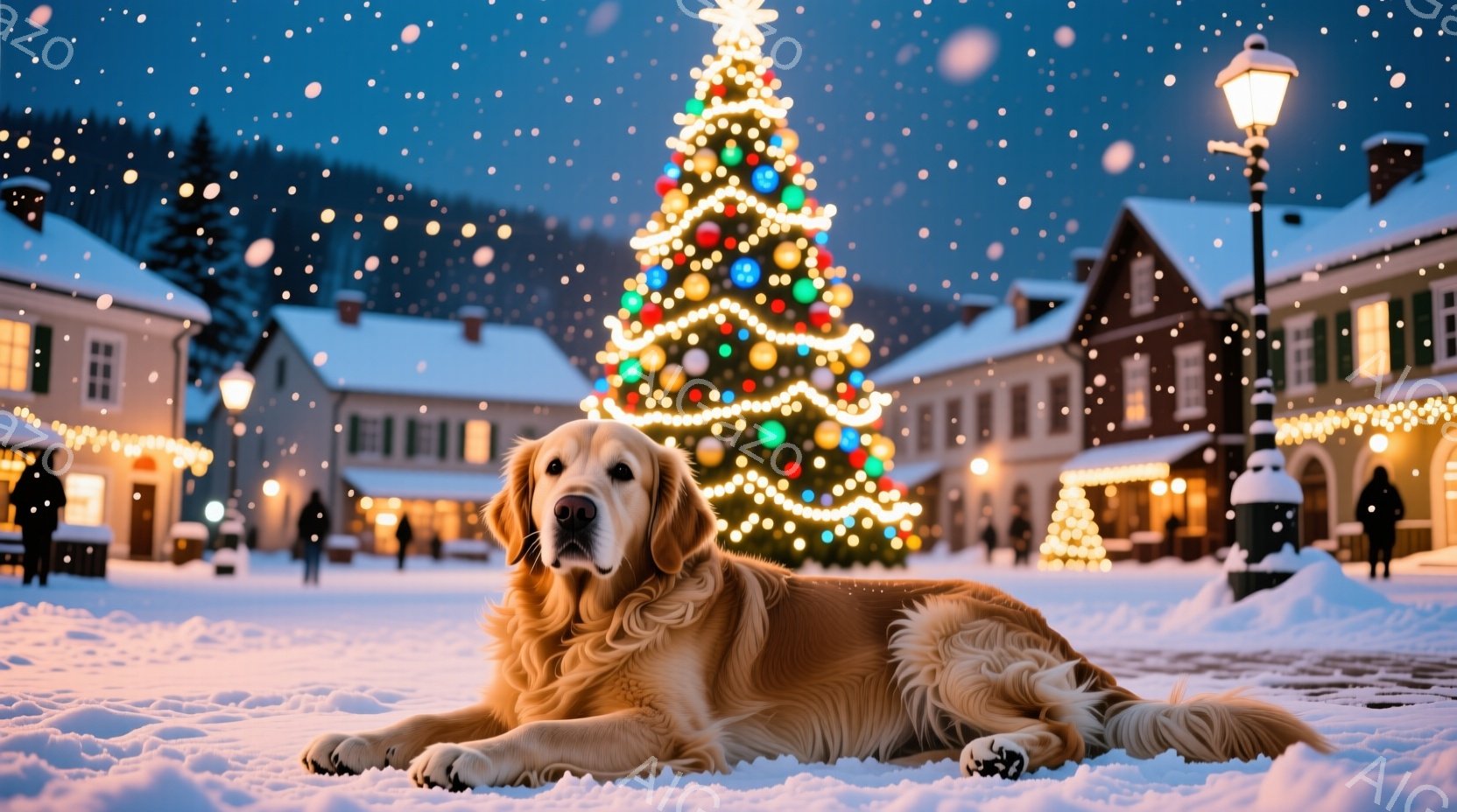 雪が降る夜の街並みの中に、ゴールデンレトリバーが雪の上に横たわっています。背景には、イルミネーションで飾られた大きなクリスマスツリーと、雪に覆われた建物が見え、温かい光が灯っています。犬はリラックスし - AI生成フリー素材