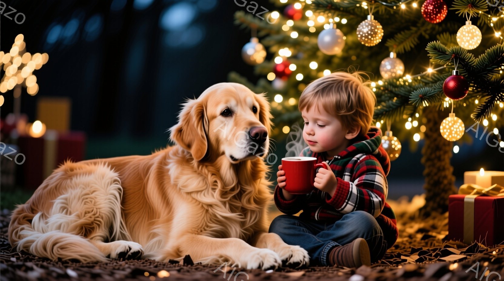 小さな少年が赤いチェック柄のシャツを着て、膝を抱え、赤いマグカップを手にしています。隣にはゴールデンレトリバーが横たわり、少年のほうを見つめており、背景にはクリスマスツリーの光が輝き、プレゼントボックスが置かれています。全体的に暖かく、穏やかなクリスマスの雰囲気が漂っています。