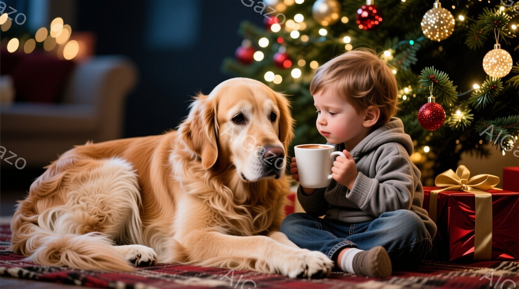 赤毛の少年が床に座り、両手で白いマグカップを抱きかかえて何かを飲んでいる。隣には、毛並みの美しいゴールデンレトリバーが横たわり、少年を見つめている。背景にはクリスマスツリーが飾られ、プレゼントボックスが置かれ、温かく穏やかなクリスマスの雰囲気が漂っている。