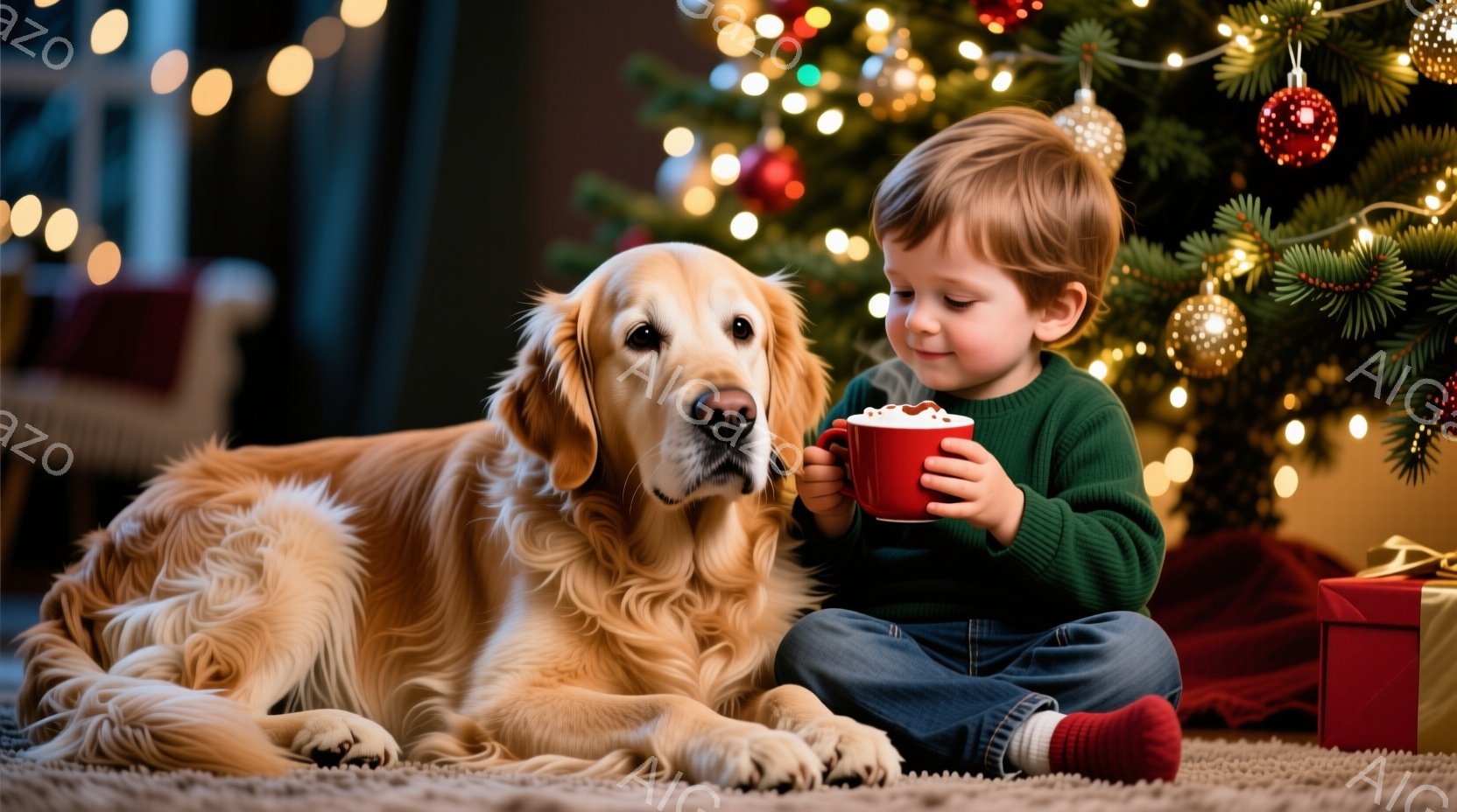 金髪の小さな少年が緑色のセーターと赤い靴下を履いて床に座っており、手に赤いマグカップを持っています。隣には横たわるゴールデンレトリバーがおり、少年の方を見て穏やかな表情をしています。背景にはクリスマスツリーとプレゼントボックスが飾られ、暖かく心地よいホリデシーズンの一コマが捉えられています。