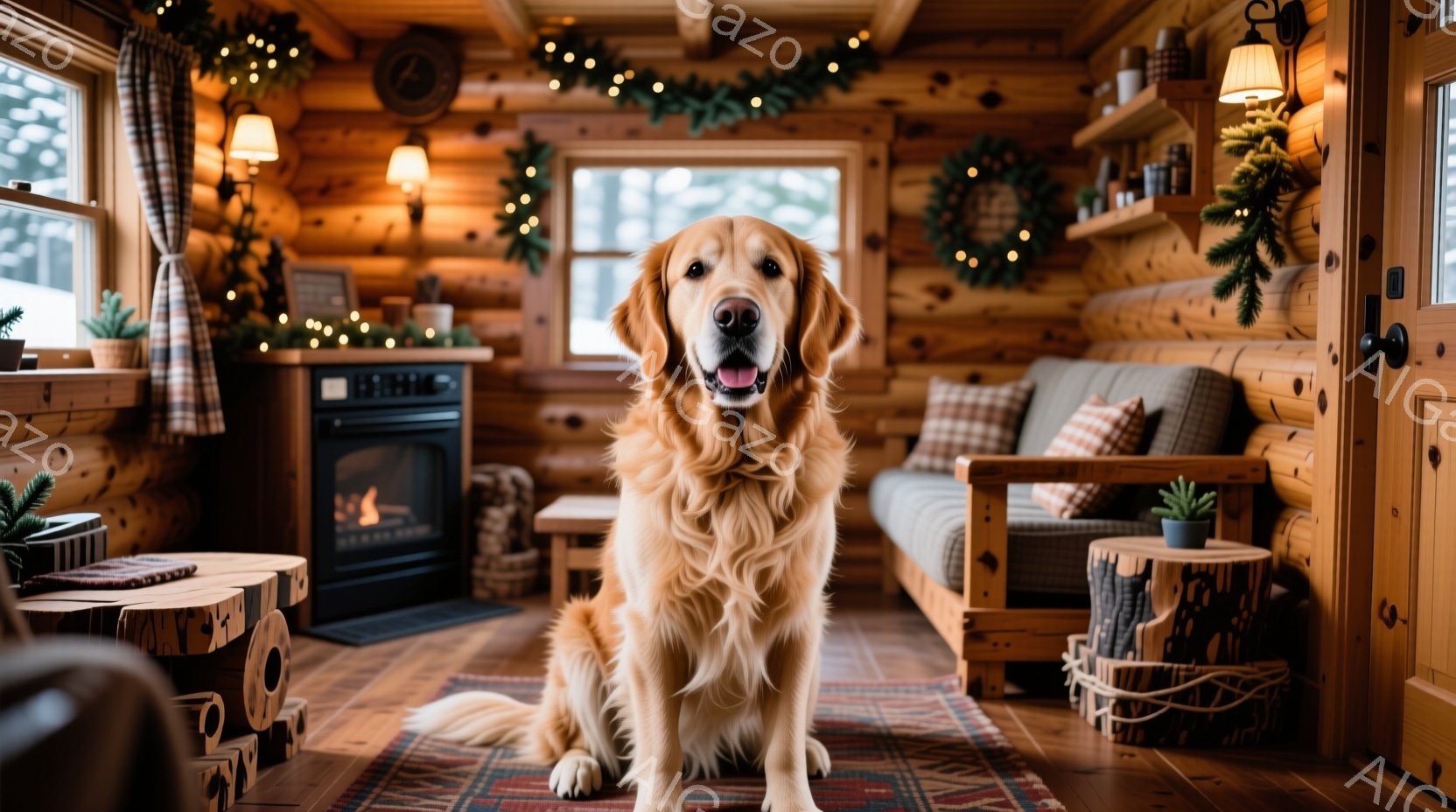 明るい茶色のゴールデンレトリバーが、木の床の上に敷かれたカラフルな敷物の上で座っています。背景には暖炉、飾り付けられたクリスマスツリー、ログハウスの壁が見え、温かく居心地の良い雰囲気が漂っています。犬 - AI生成フリー素材