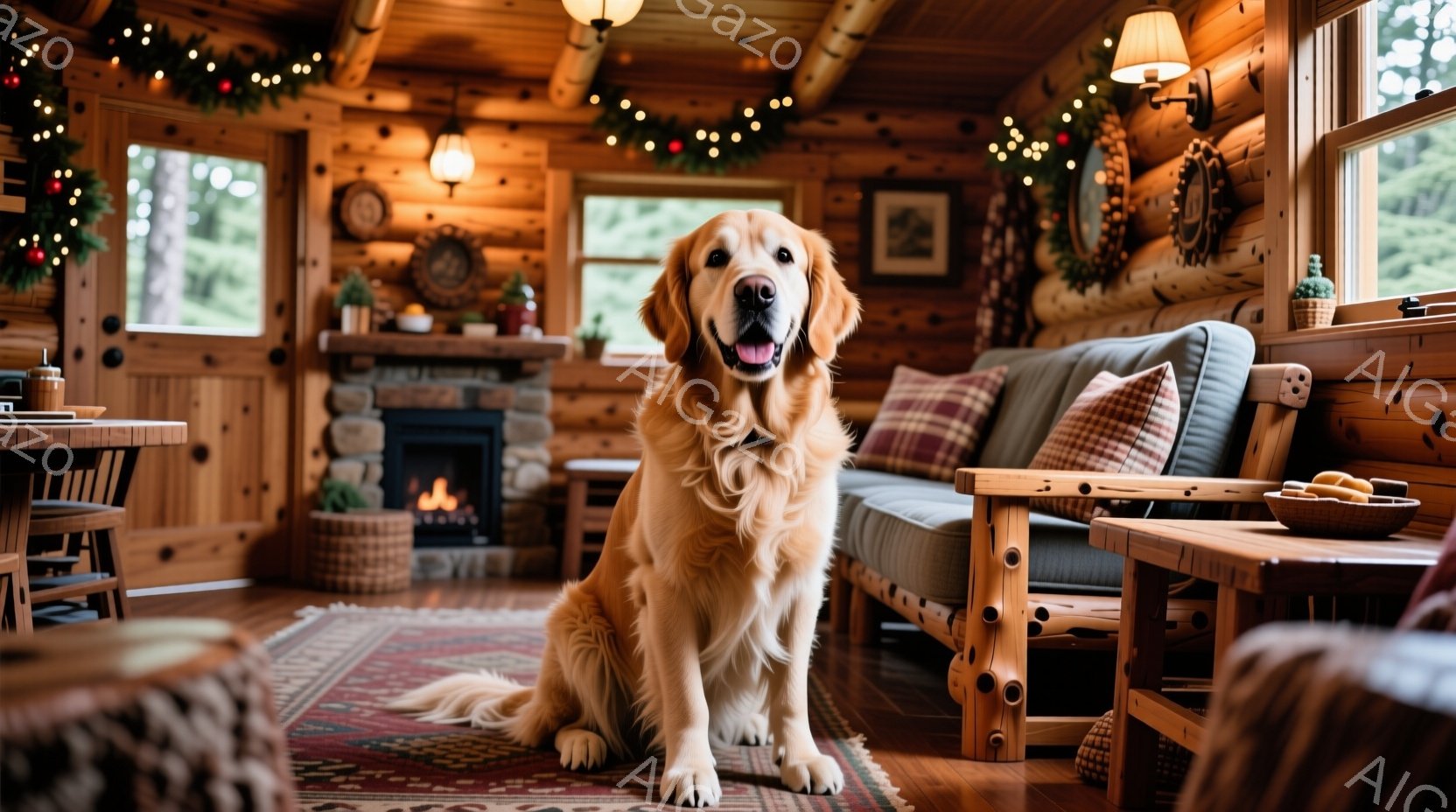 明るい色のゴールデンレトリバーが、暖炉のある木の家の中に座っています。犬は口を開けて微笑んでおり、リラックスした表情をしています。背景には、暖炉、装飾された壁、木製の家具があり、快適で居心地の良い雰囲 - AI生成フリー素材
