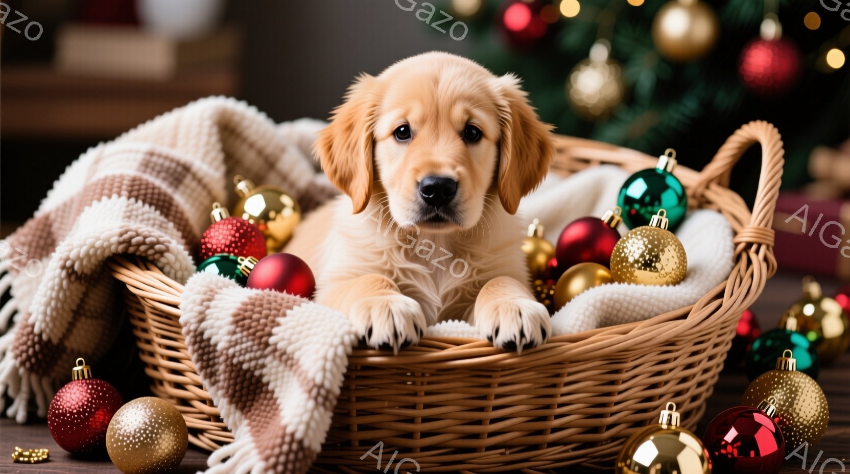 籐のバスケットの中に、ふわふわの金髪の子犬が丸まって眠っています。バスケットの周りには、赤、金、緑のクリスマスオーナメントが散りばめられ、暖かい毛布が敷かれています。背景にはぼんやりとクリスマスツリー - AI生成フリー素材
