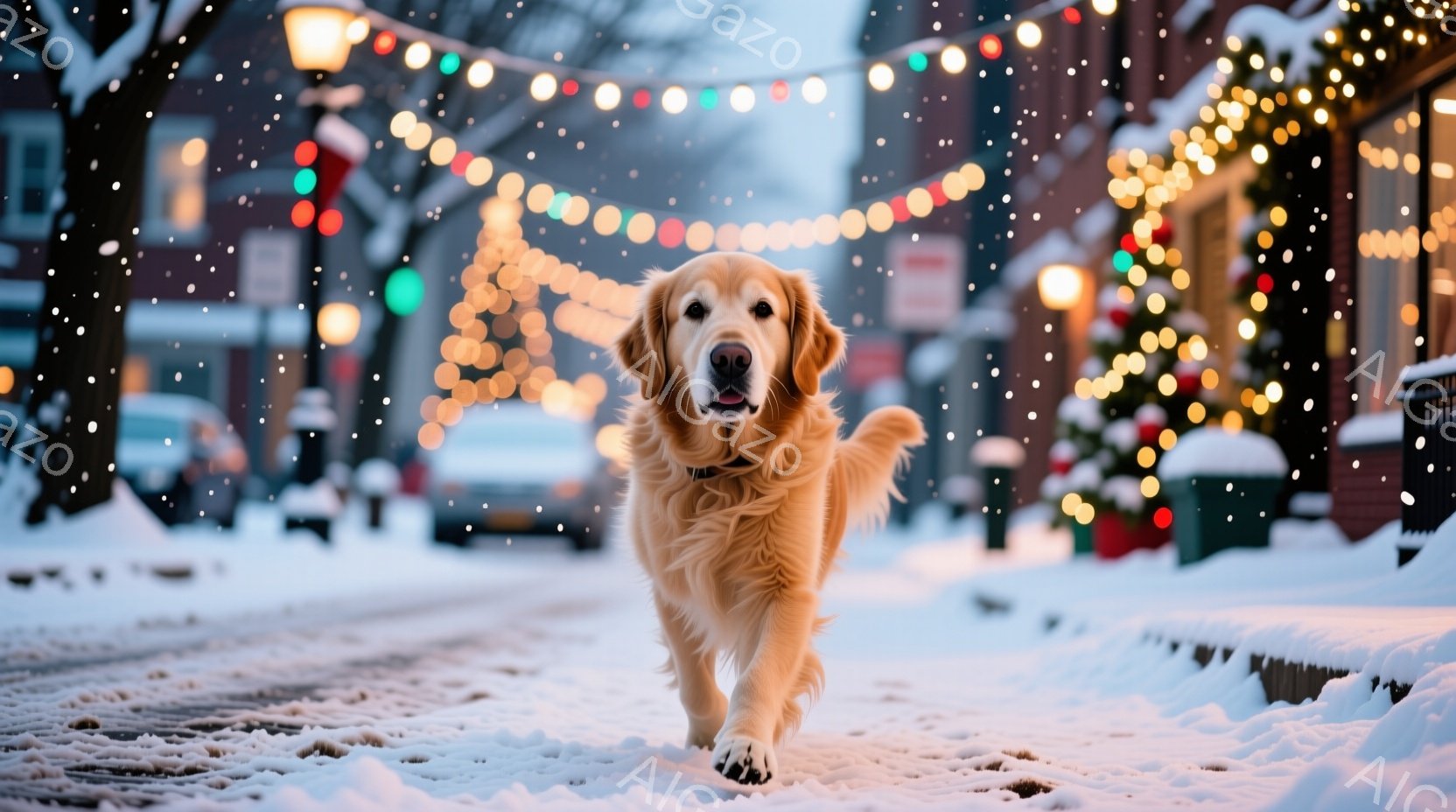 雪に覆われた街路を、毛並みの美しいゴールデンレトリバーがこちらに向かって歩いてくる姿が捉えられています。背景にはクリスマスイルミネーションが輝き、冬の暖かく穏やかな雰囲気を醸し出しています。犬はリラッ - AI生成フリー素材