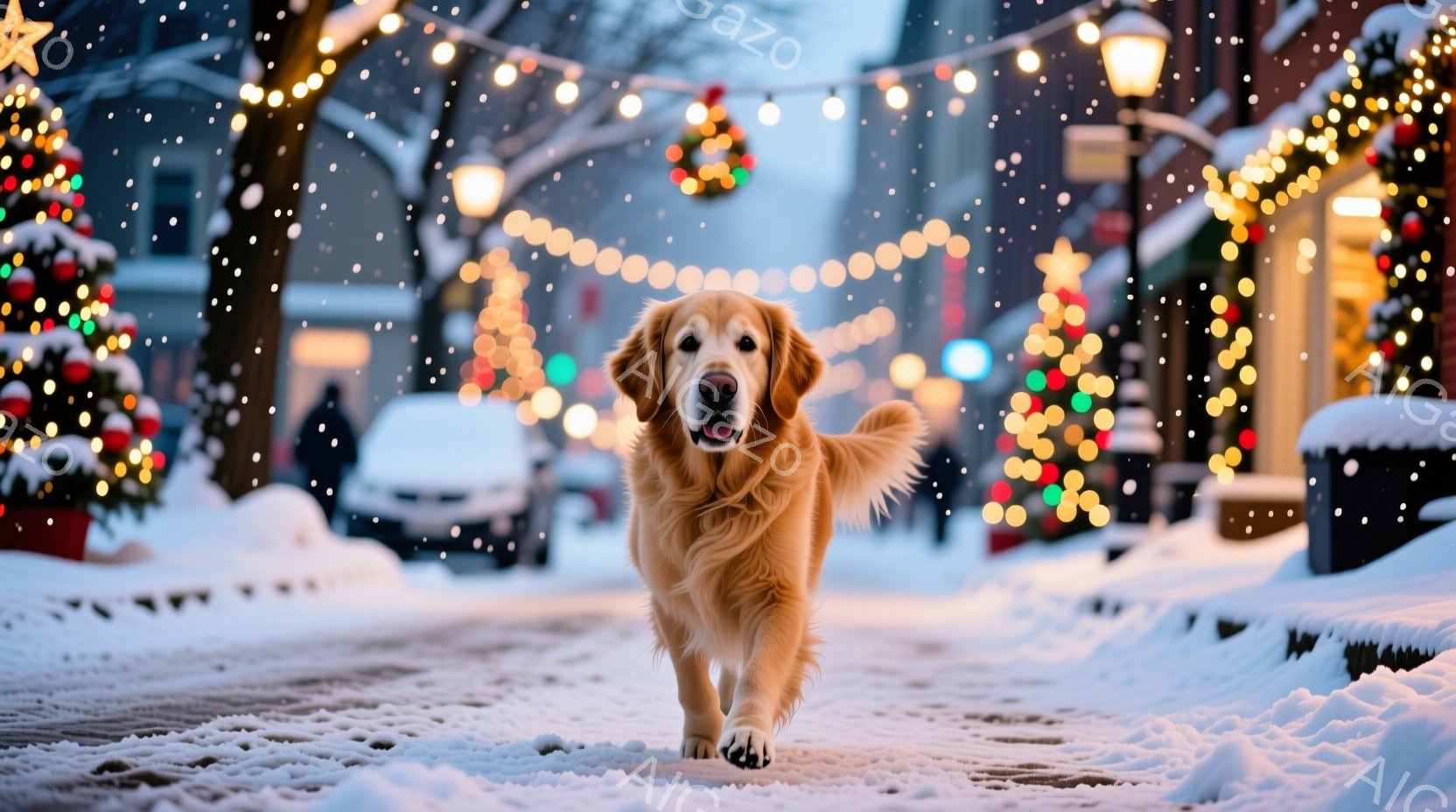 道路を駆けるゴールデンレトリバーが写っています。背景にはクリスマスの飾り付けがされた建物や街路樹があり、雪が舞う冬の景色が広がっています。暖色のイルミネーションと白い雪のコントラストが、温かく、お祝い - AI生成フリー素材
