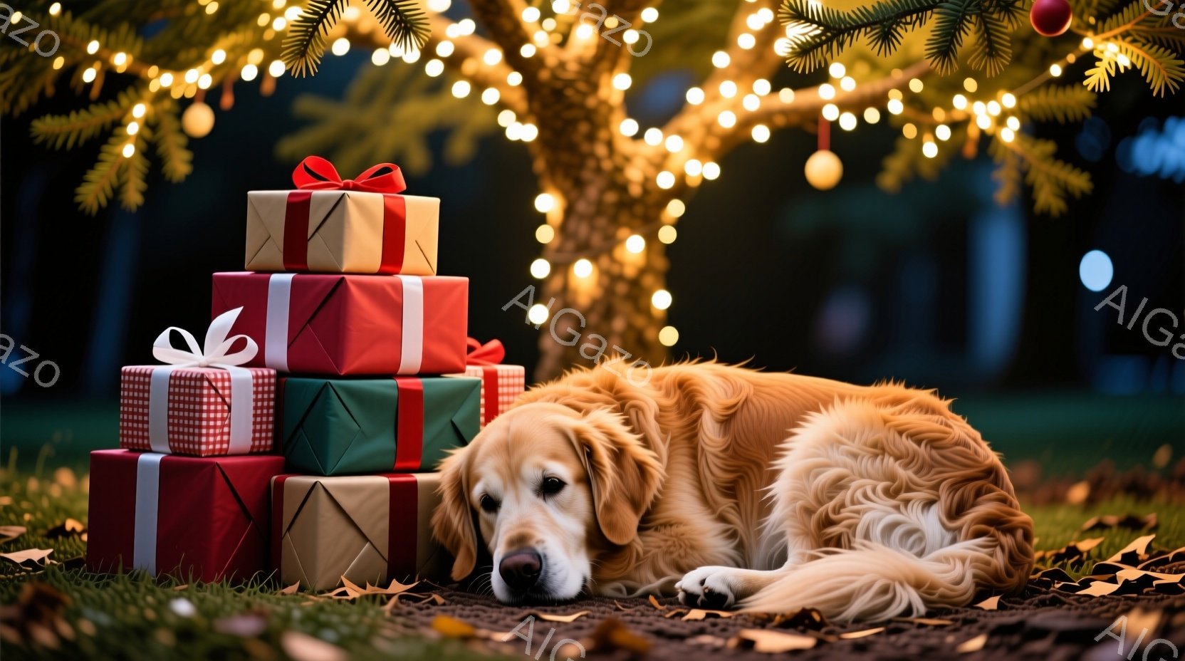 ゴールデンレトリバーが、色とりどりのプレゼントの山のお隣で横たわっています。背景にはクリスマスツリーが光り、落ち葉が敷き詰められた地面が暖かく穏やかな雰囲気を醸し出しています。犬はリラックスした表情で - AI生成フリー素材