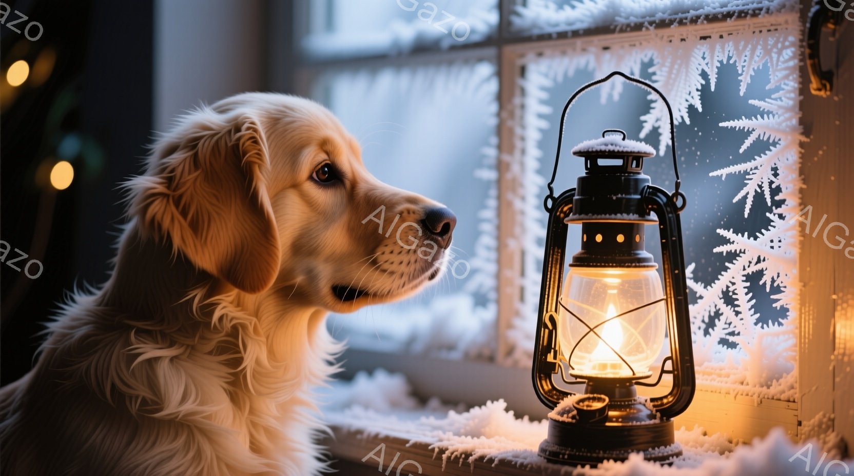 金色の毛並みの犬が窓の外を物憂げに見つめている。窓枠には雪の結晶のような模様が描かれ、窓の外は雪景色で、まるで冬のワンダーランドのようだ。黒いランタンが暖かく光を灯し、その光が犬の毛並みを照らし、静か - AI生成フリー素材