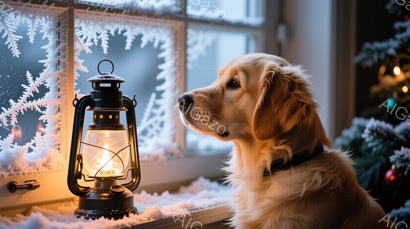 窓辺に置かれたオイルランプが暖かく光り、その隣には優しい表情で外を眺めるゴールデンレトリバーがいます。犬は首輪をつけており、雪が積もった窓の外にはぼんやりとクリスマスツリーが見えます。全体的に暖かく、 - AI生成フリー素材