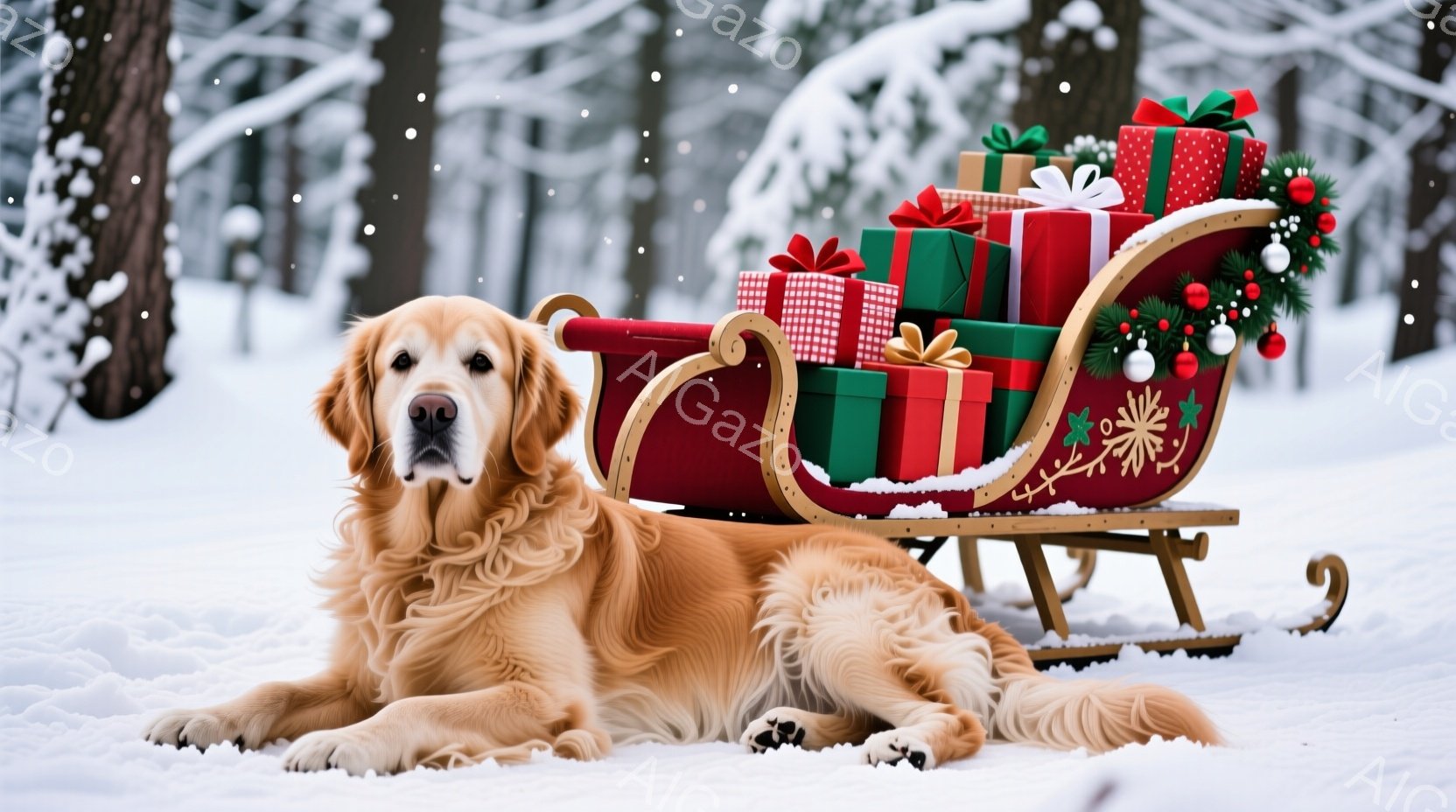 ゴールデンレトリバーが雪の上に横たわり、赤いそりに囲まれています。そりには色とりどりのリボンで飾られたプレゼントが積み重ねられており、緑の葉と赤い実で飾られたガーランドが添えられています。背景は雪に覆 - AI生成フリー素材