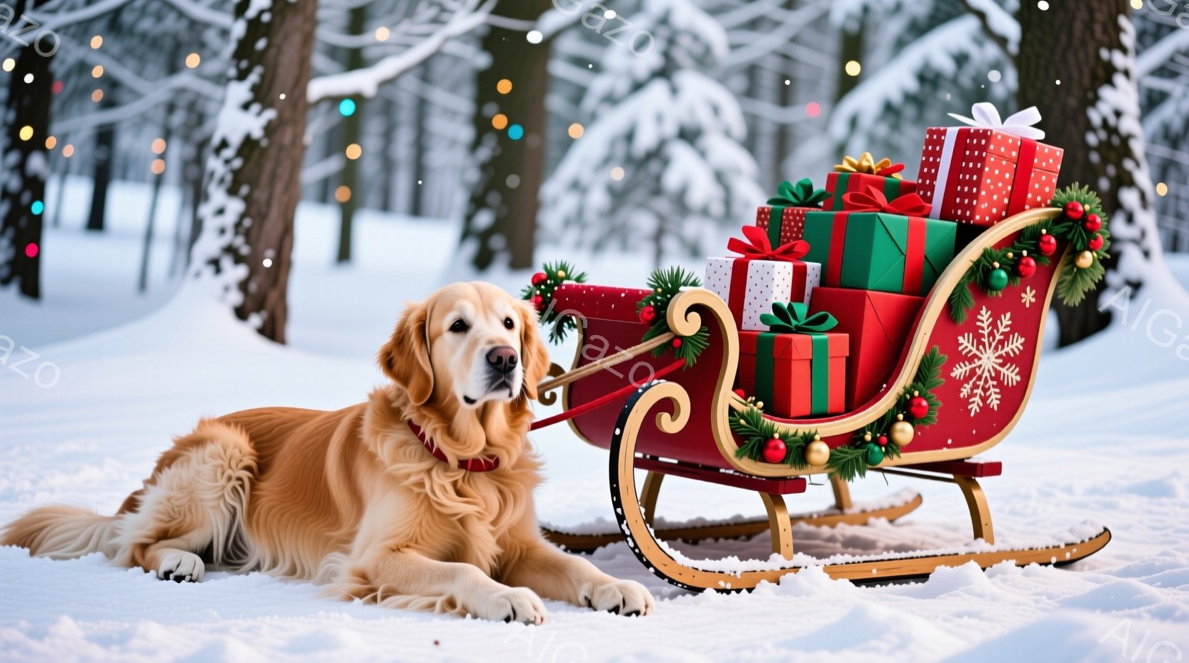 金色のレトリバーが雪の上に横たわり、赤いそりに寄りかかっています。そりはプレゼントでいっぱいになり、緑の葉と赤いリボンで飾られています。背景には雪に覆われた木々があり、全体的に暖かく、お祝いの雰囲気で - AI生成フリー素材