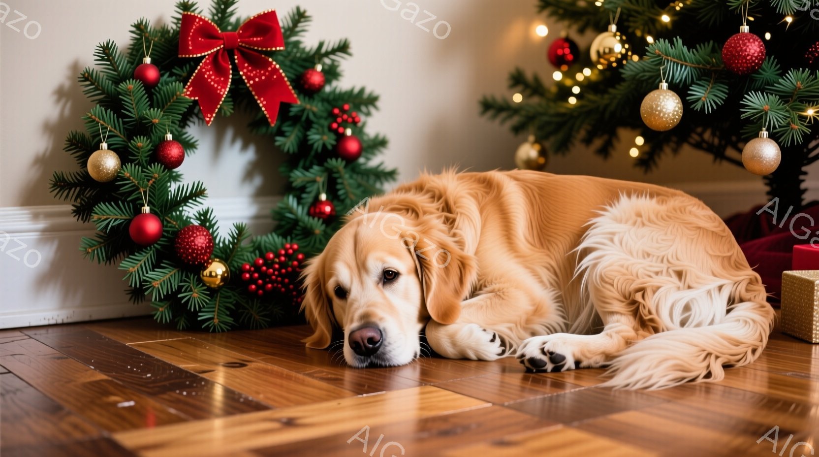 黄金色のレトリバーが木の床に横たわっており、リラックスした表情でカメラを見つめています。背景には、赤いリボンと装飾が施されたクリスマスツリーがあり、プレゼントの箱もわずかに見えます。全体的に、暖かく、 - AI生成フリー素材