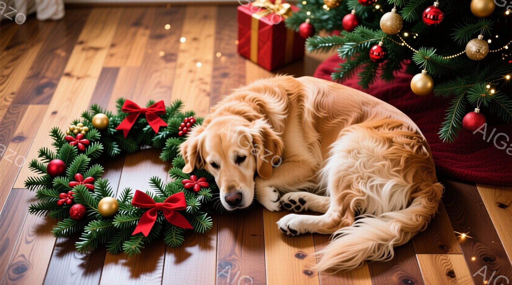 明るい木の床の上に、金色のレトリバーが横たわっています。クリスマスリースとプレゼントが犬の周りに置かれ、背景には装飾されたクリスマスツリーが見えます。温かく、穏やかで、お祝いの雰囲気が漂っています。 - AI生成フリー素材