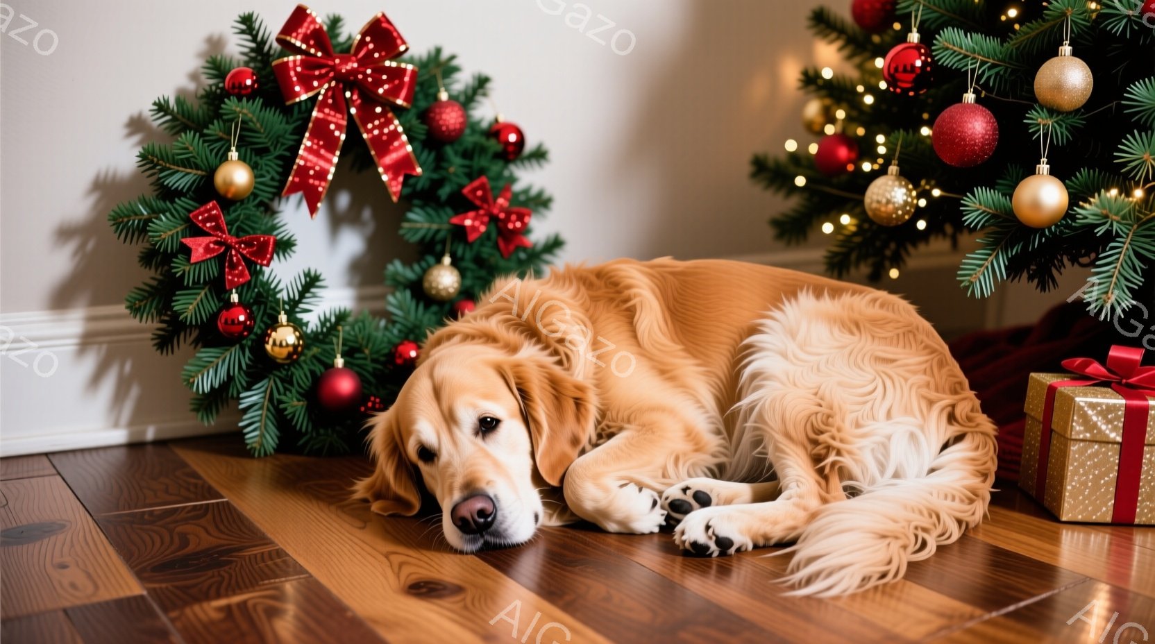 明るい茶色のゴールデンレトリバーが木製の床に横たわっています。クリスマスツリーと赤いリボンで飾られたプレゼントボックスが背景にあり、温かく穏やかな雰囲気を醸し出しています。犬はリラックスした表情で、休 - AI生成フリー素材