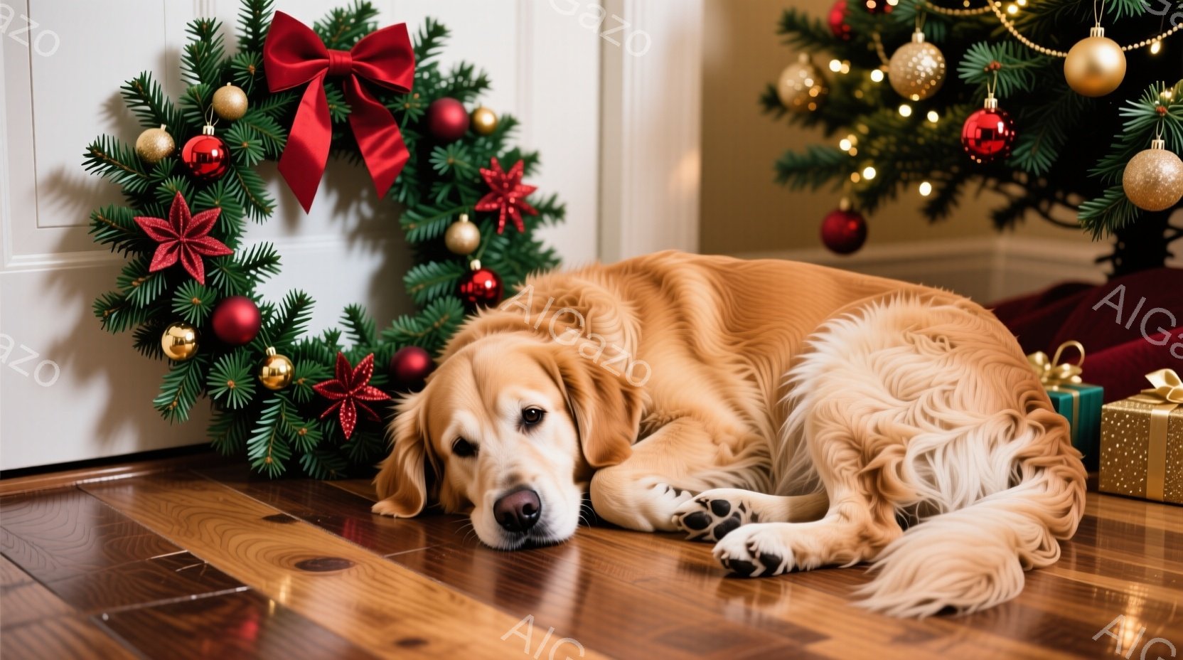 明るい木製の床に、ゴールデンレトリバーが横たわっています。背景にはクリスマスツリーと飾り付けられたグリーンガーランドがあり、クリスマスプレゼントがいくつか置かれています。犬はリラックスした様子で、穏や - AI生成フリー素材