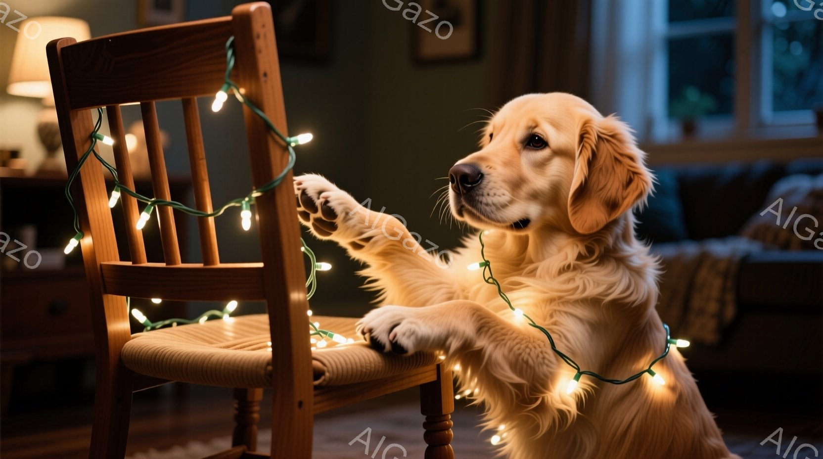 ゴールデンレトリバーが椅子に寄りかかり、カラフルな電飾を前足で遊んでいます。室内は暖色系の照明で照らされ、背景にはぼやけた家具が見え、居心地の良い雰囲気です。犬はリラックスした表情で、穏やかで幸せな瞬 - AI生成フリー素材