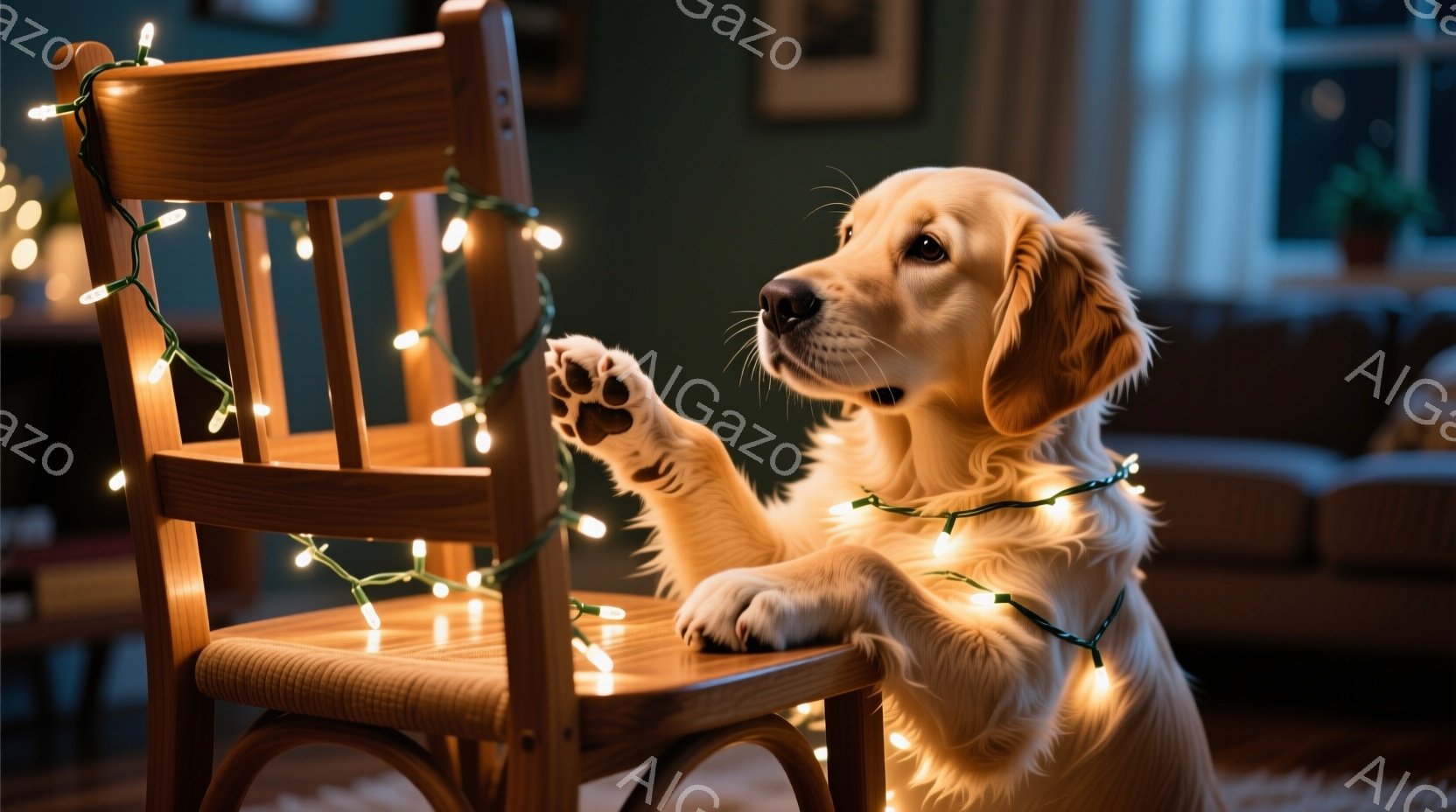 暖炉のあるリビングに、クリーム色のゴールデンレトリバーが木製の椅子に座って前足を伸ばしています。犬はクリスマスの飾り電球に囲まれており、リラックスした表情でどこかを見つめています。背景にはソファや植物 - AI生成フリー素材