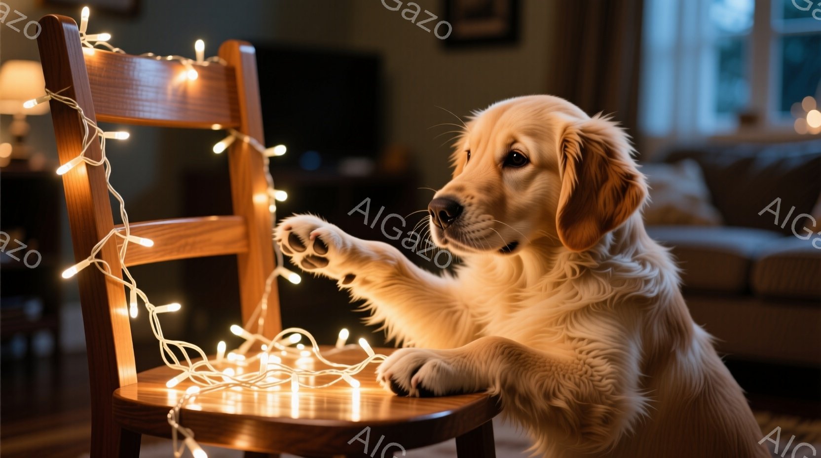 ゴールデンレトリバーの子犬が椅子に前足を乗せ、キラキラと光るクリスマスライトを興味津々に見つめている。背景にはソファとぼんやりとした部屋の様子が見え、暖かく穏やかな雰囲気が漂っている。子犬の表情は遊び - AI生成フリー素材